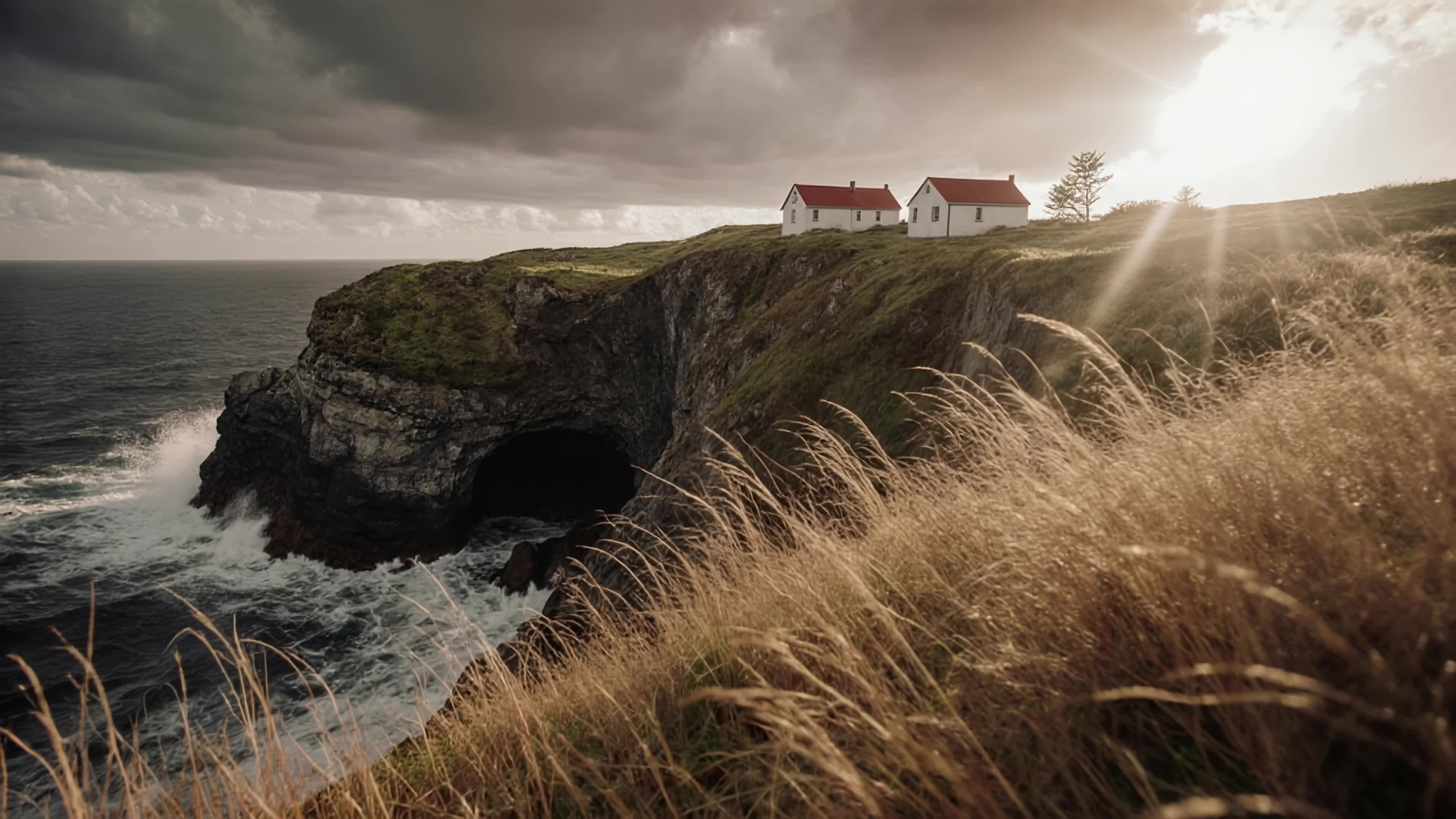 4K video of a serene seaside cliff village bathed in golden morning glow amid turbulent seascape and dramatic cloud formations.