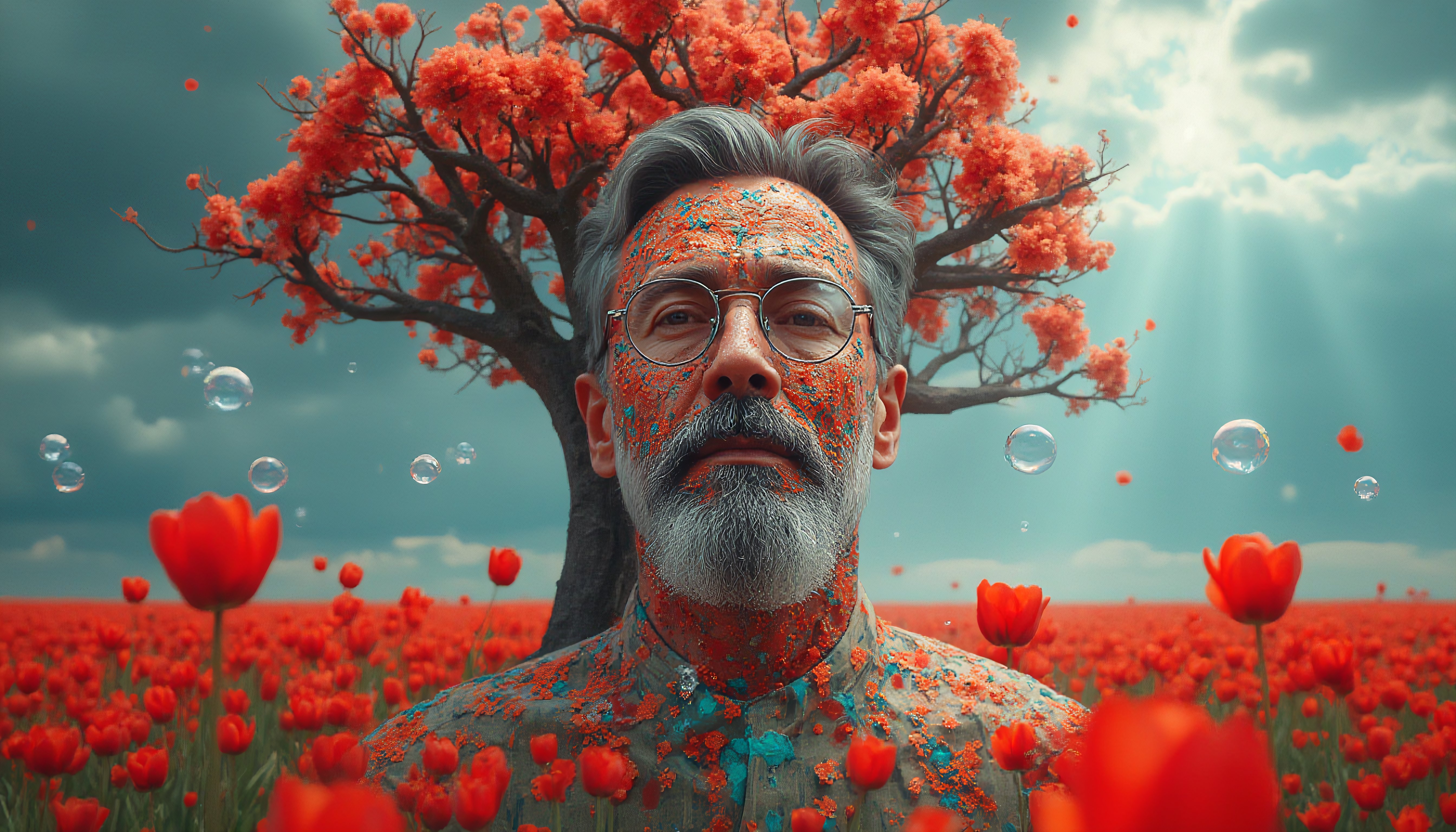 Surreal Portrait of Man with Tree Growing from Head in Red Tulip Field