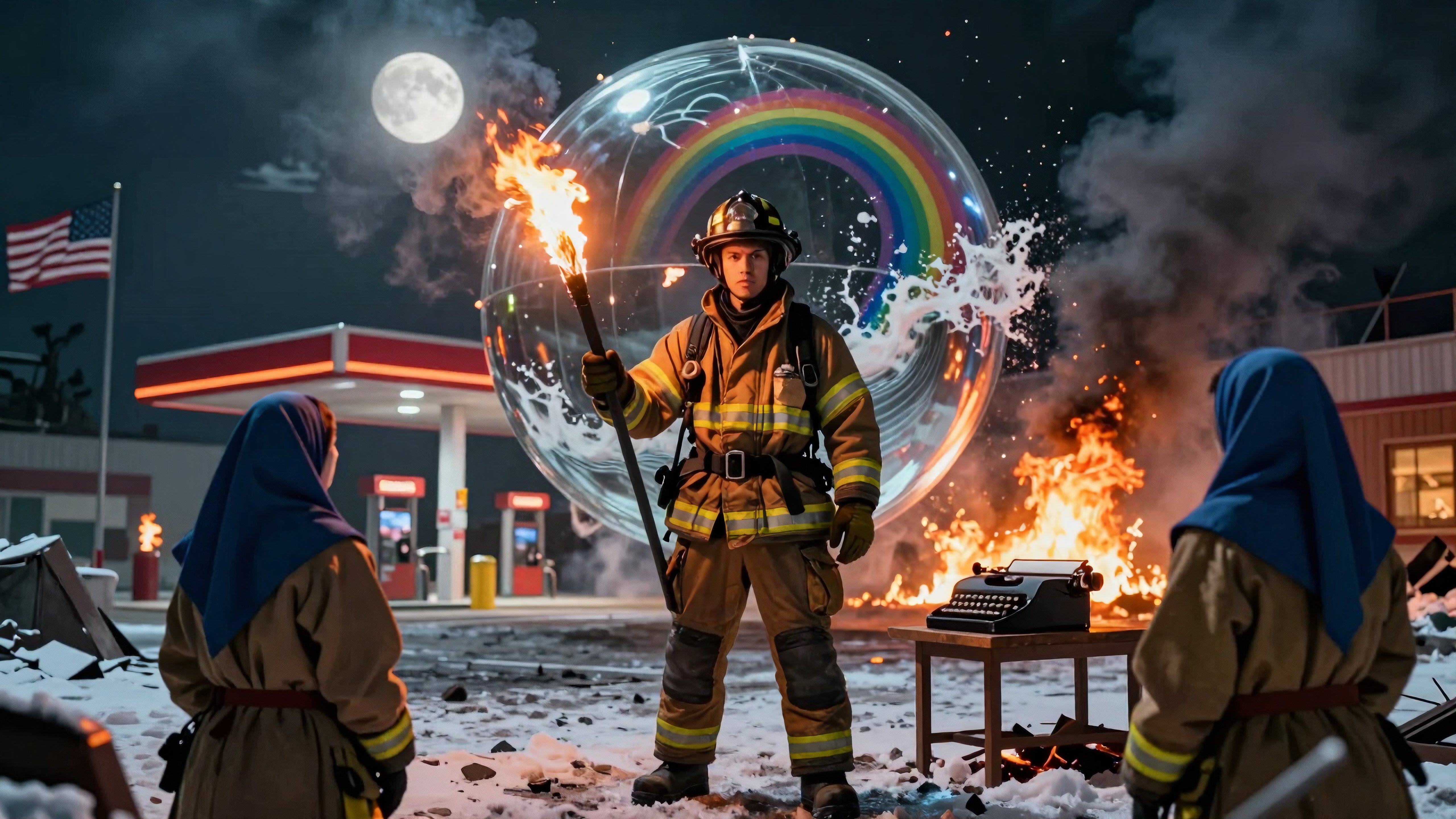 Firefighter with Flaming Torch and Rainbow Bubble at Night Gas Station