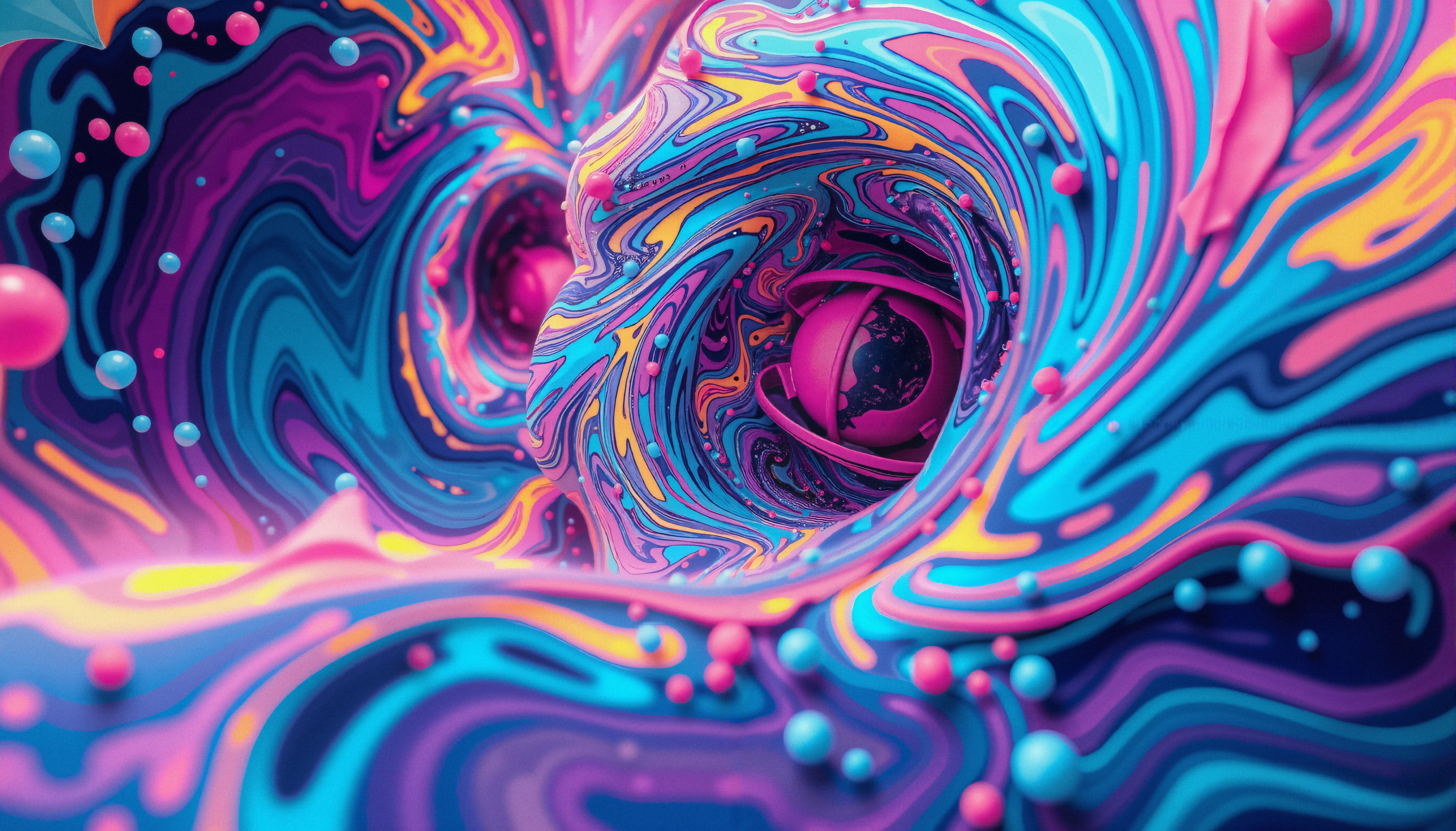 Vibrant Psychedelic Abstract Digital Art with Swirling Colors and Bubbles