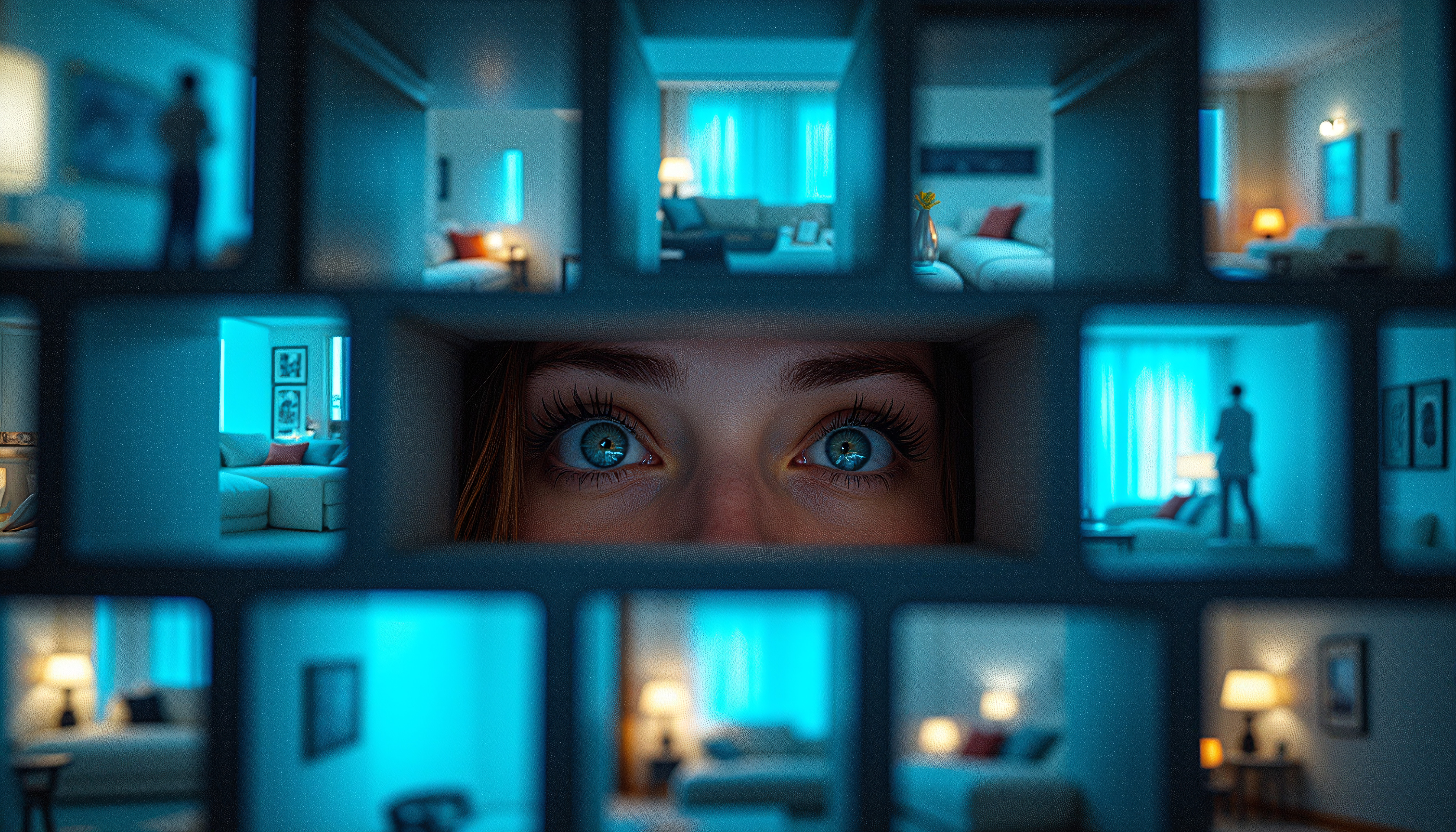 Blue-Tinted Living Room Grid with Central Eye Focus