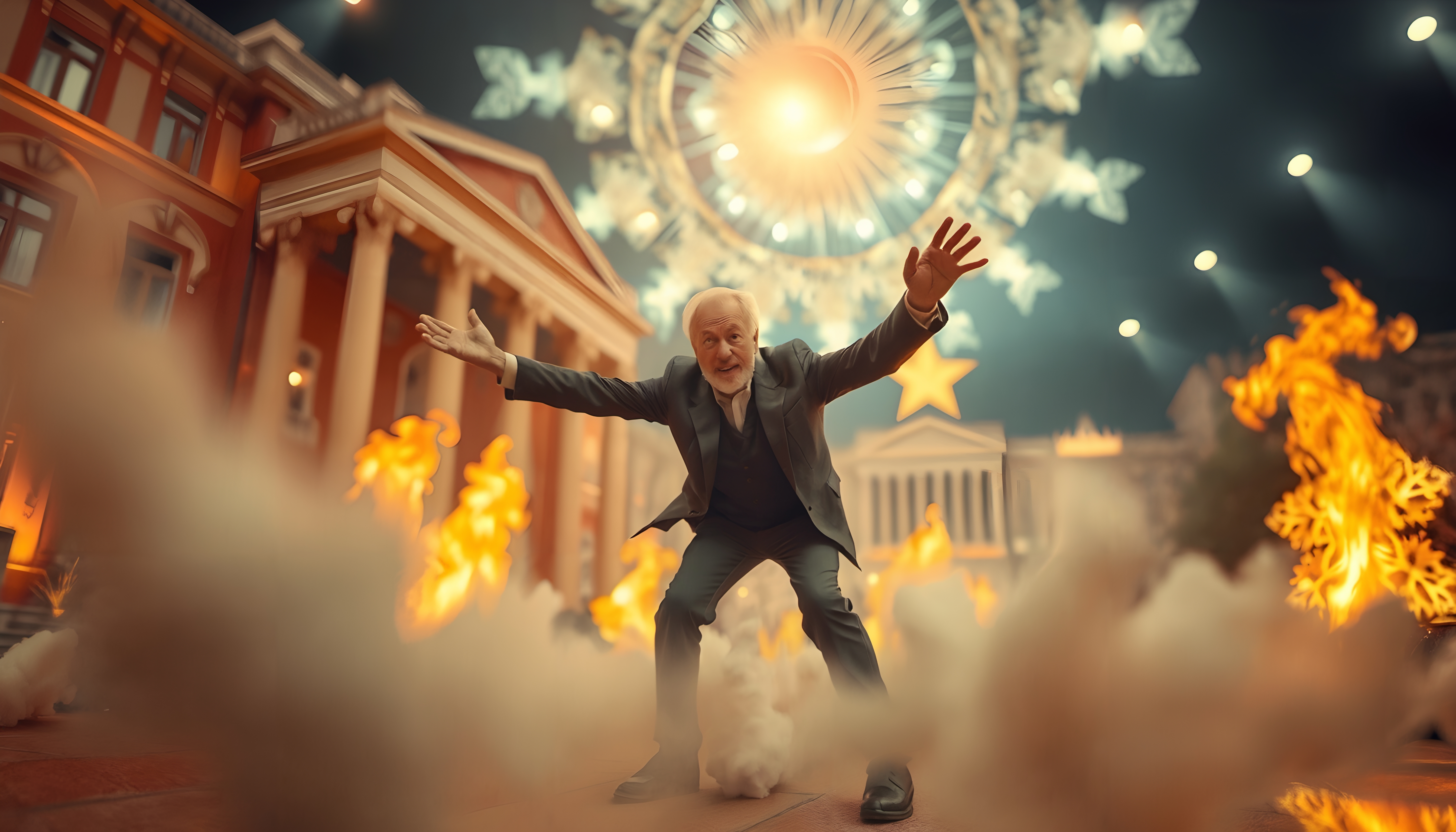 Excited Older Man in Business Suit Amidst Dramatic Stage Pyrotechnics