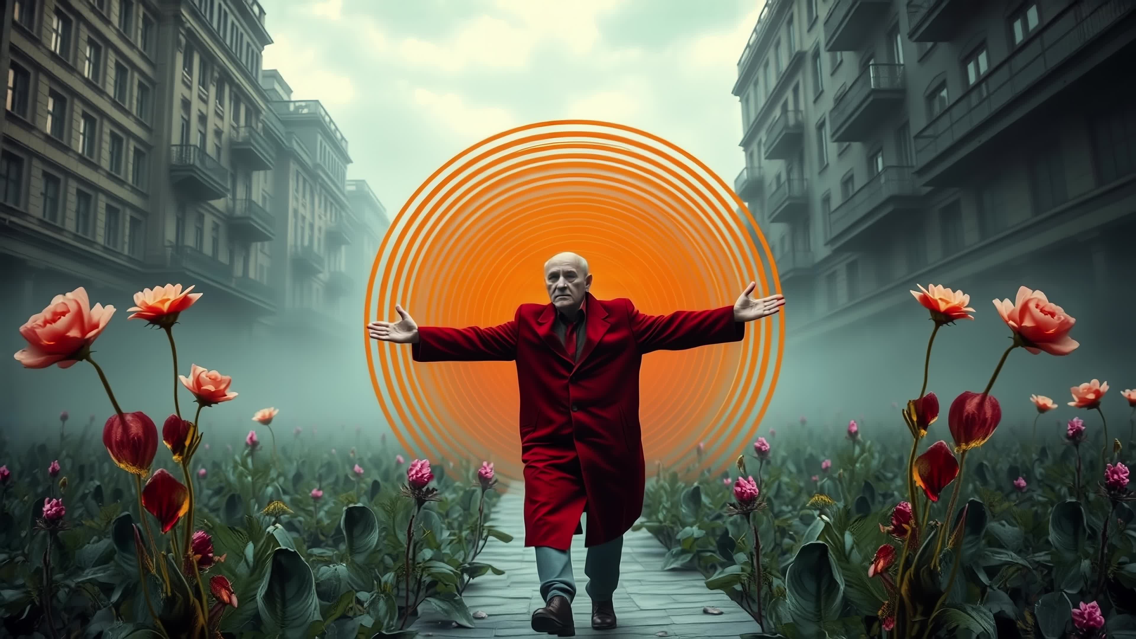 4K video of an eldersman walks through glowing portal surrounded by blooming flowers between tall city buildings.