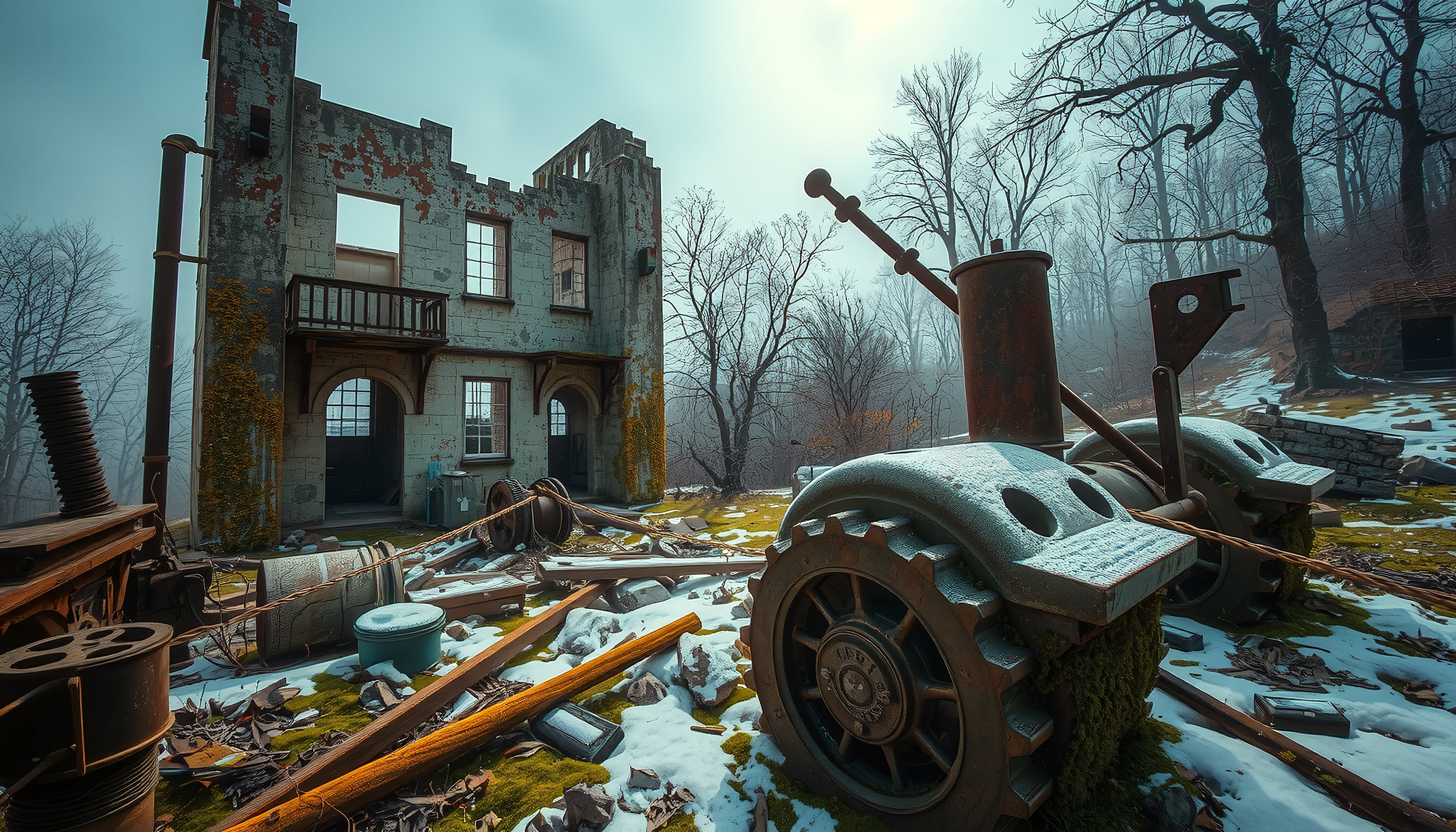 Abandoned industrial building with rusted machinery in snowy forest landscape