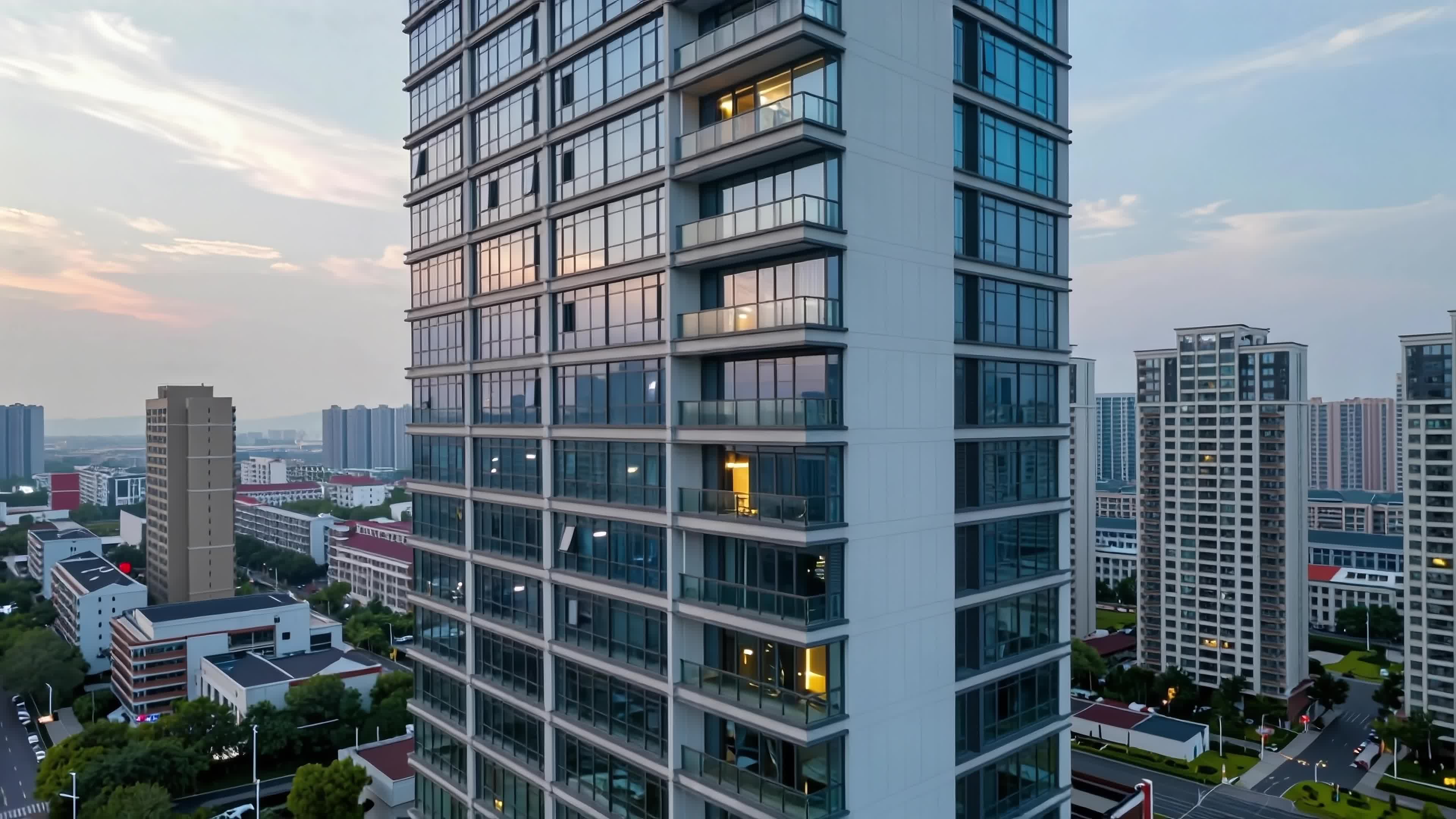 4K video of a modern skyscraper glowing amidst urban sunset skyline with reflective glass facade and surrounding city infrastructure