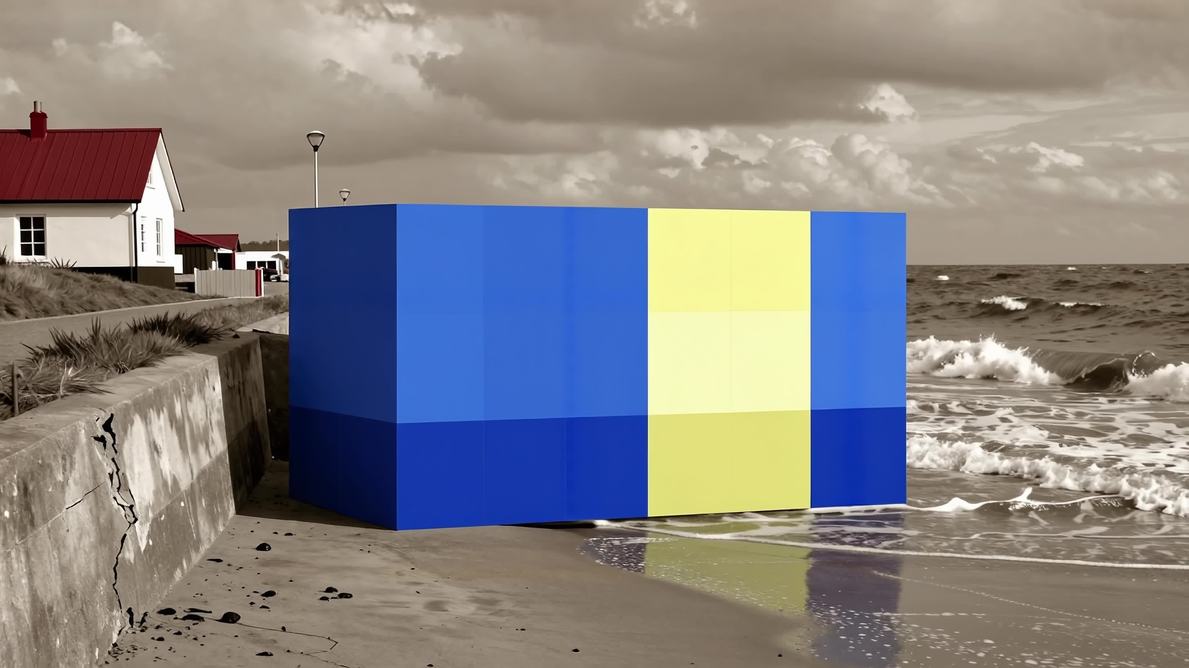 4K video of an abstract colorful cube sculpture beside seaside cottage during stormy day.