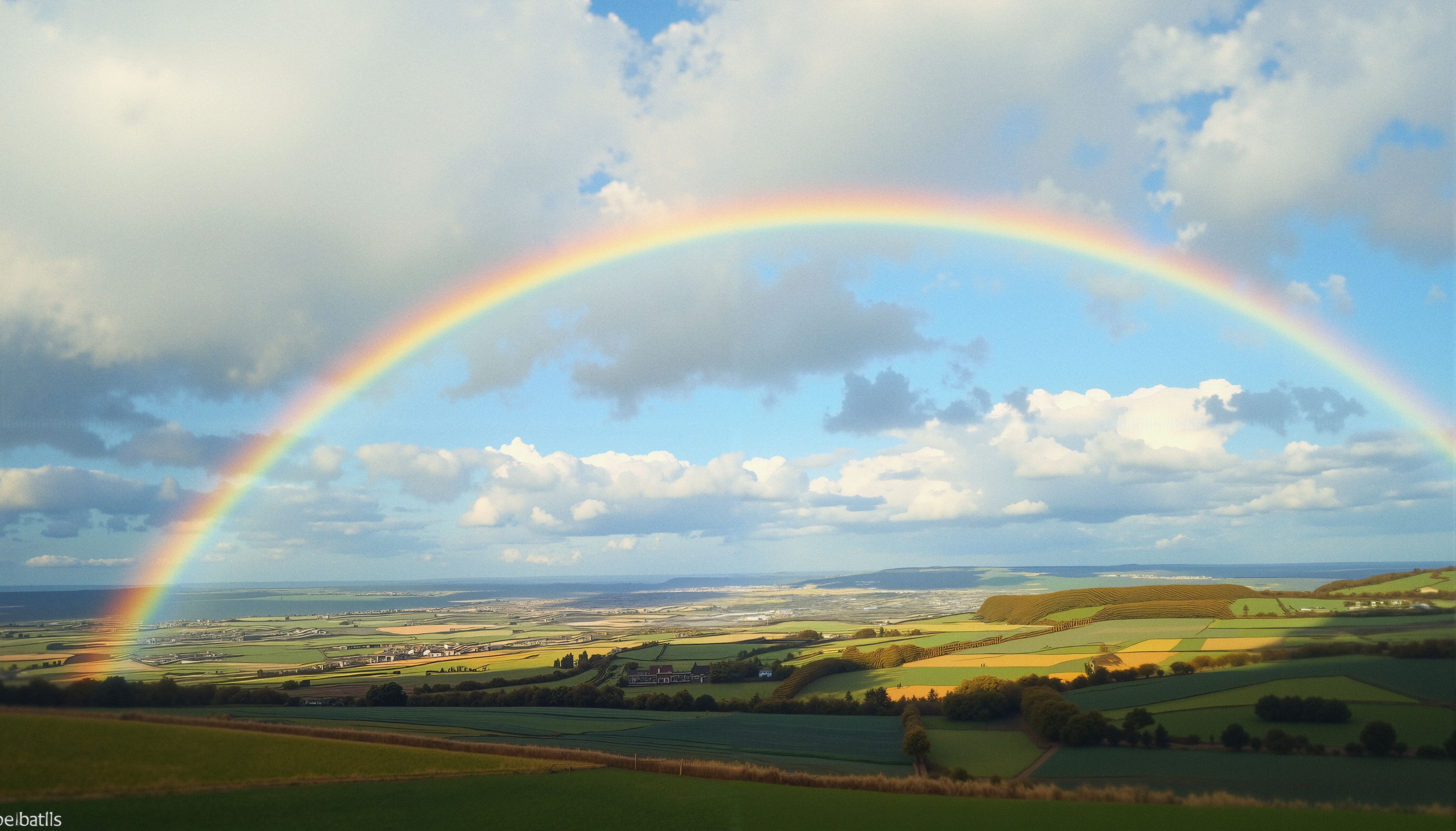 Rainbow Arching Over Lush Green and Golden Countryside Fields