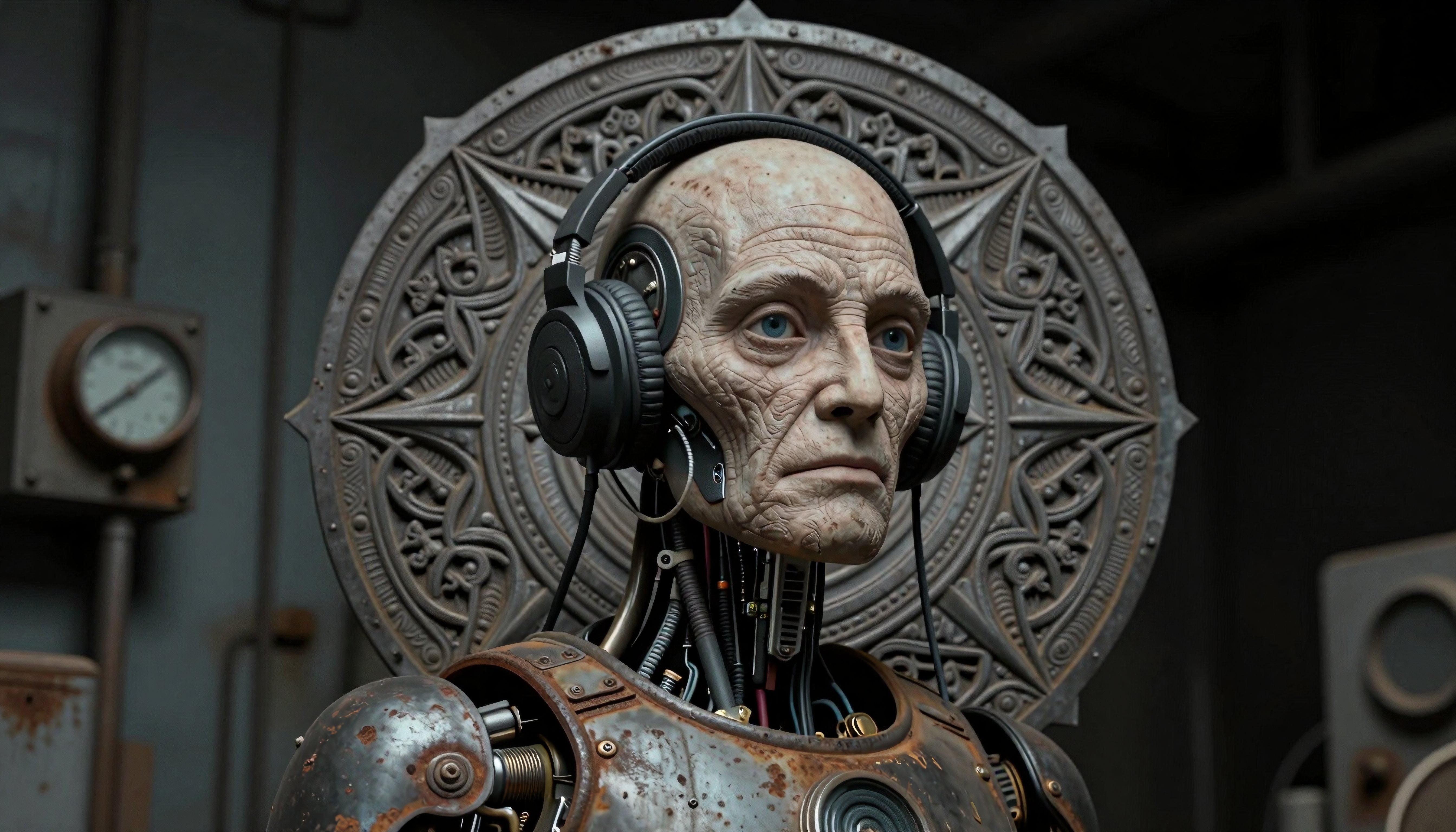 Cybernetic Robot with Headphones in Industrial Setting