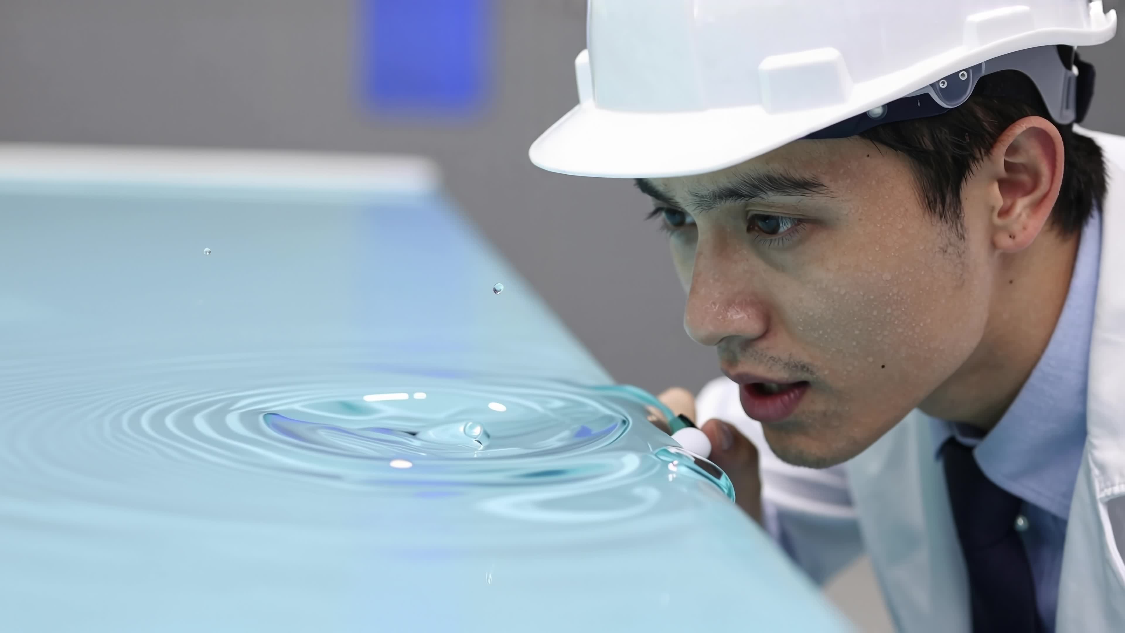 4K video of a young scientist observing ripple effects in experimental water tank wearing protective gear
