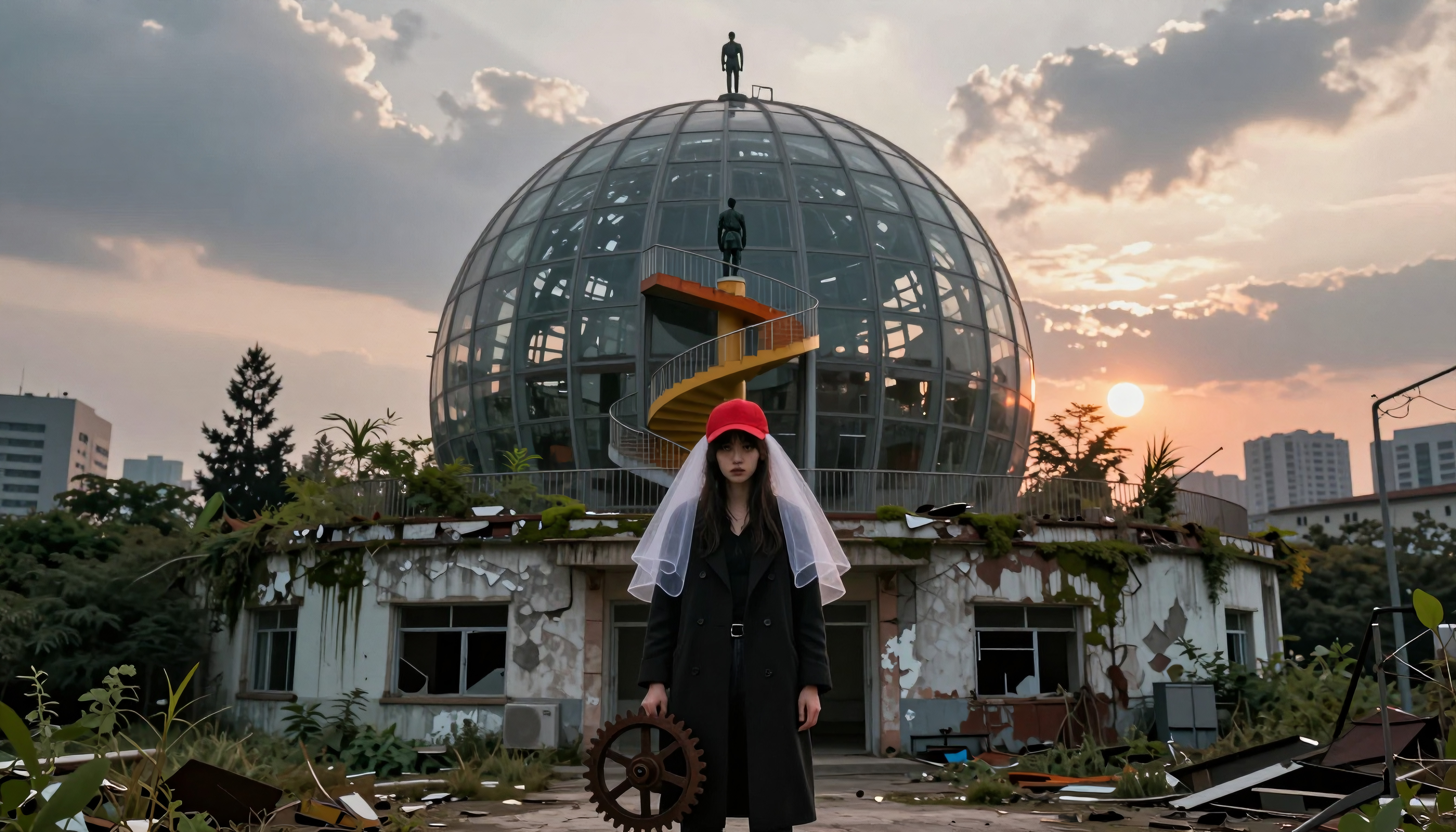 Urban Ruin Scene with Glass Dome, Abandoned Building, and Figure at Sunset