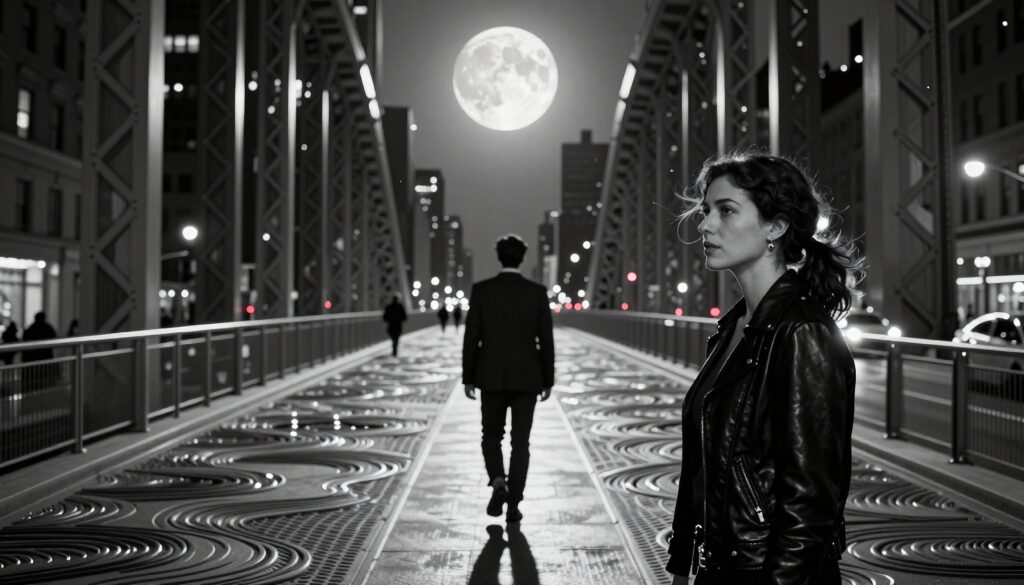Night Scene on Urban Bridge with Full Moon and Figures
