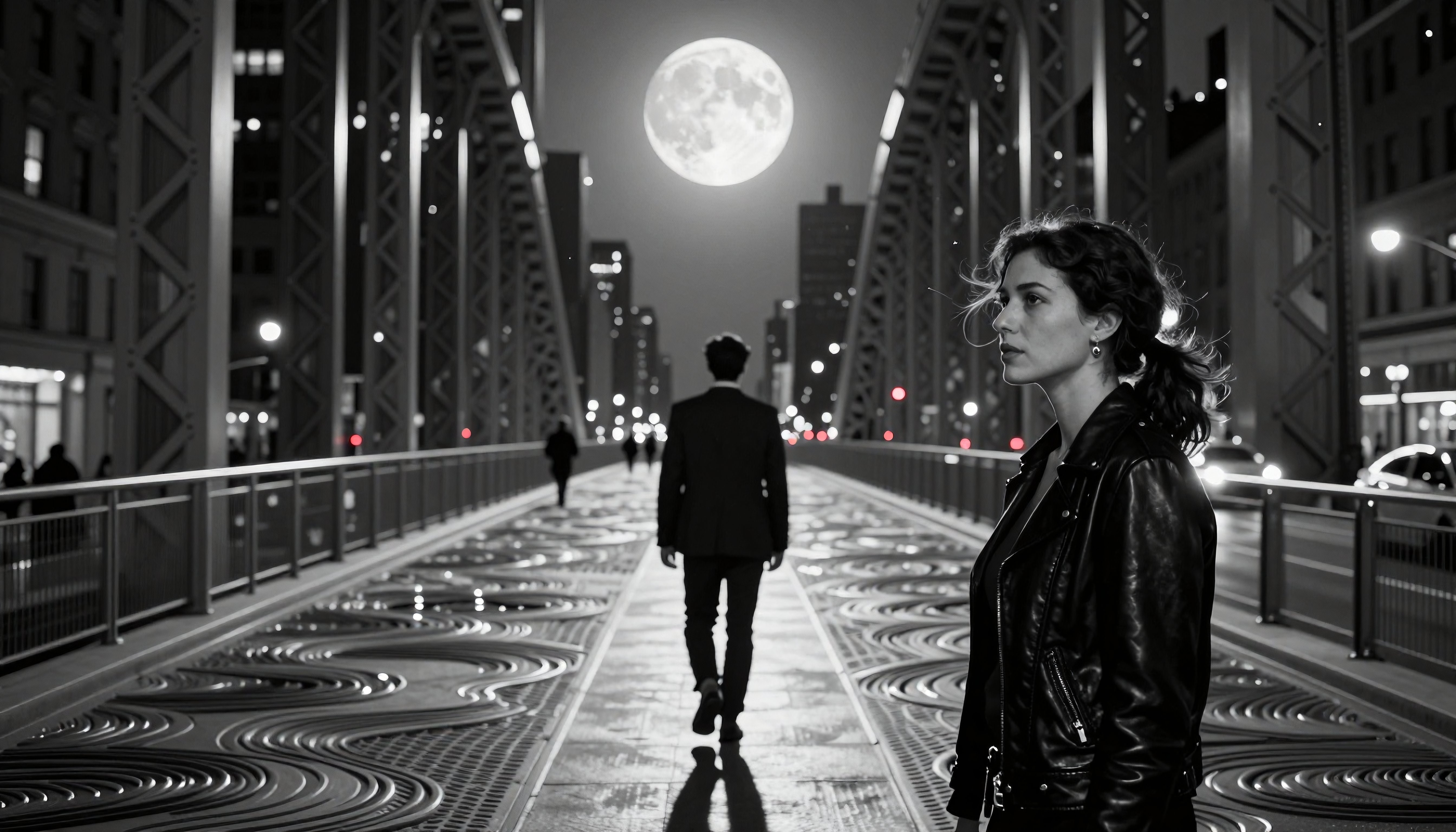 Black and White Night Scene on Urban Bridge with Full Moon and Silhouetted Figures