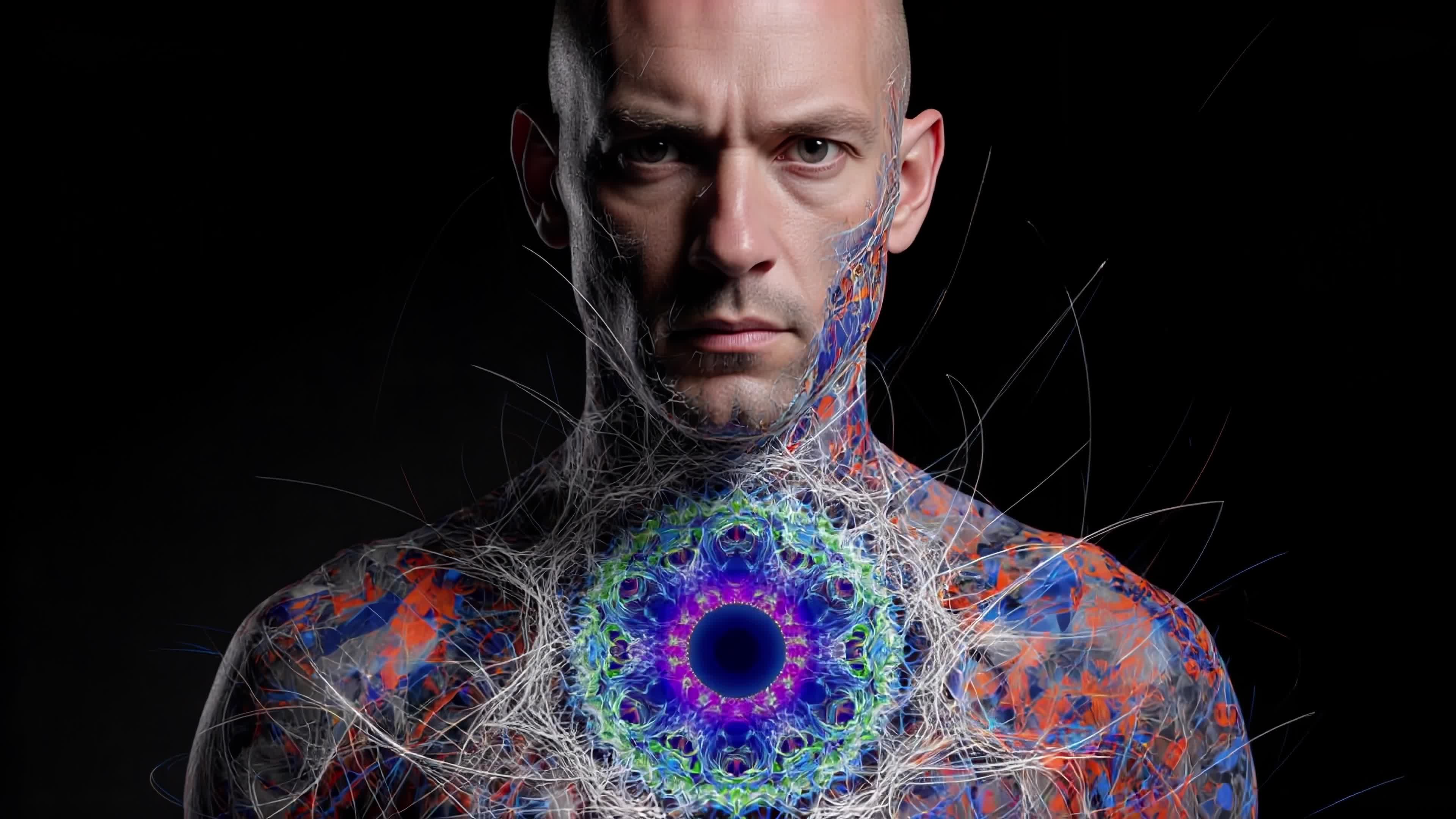 Man transformed by radiant fractal mandalas in surreal 4K video.