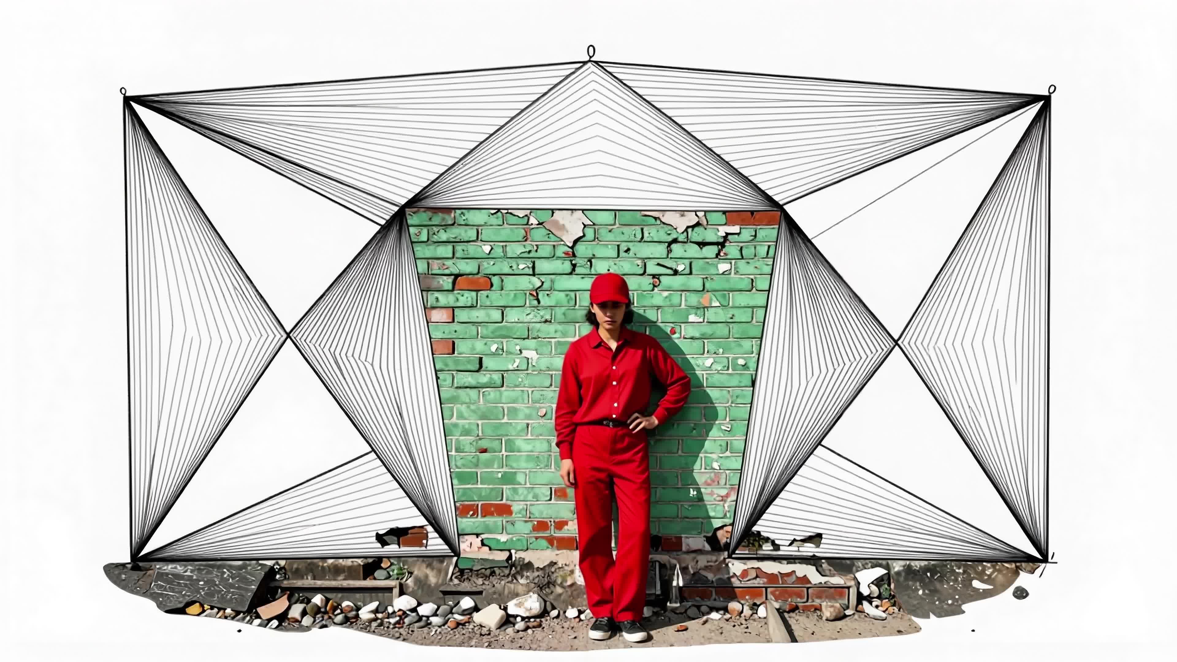 4K video of a bold red dressed man posing dramatically before geometric string art on cracked brick wall.