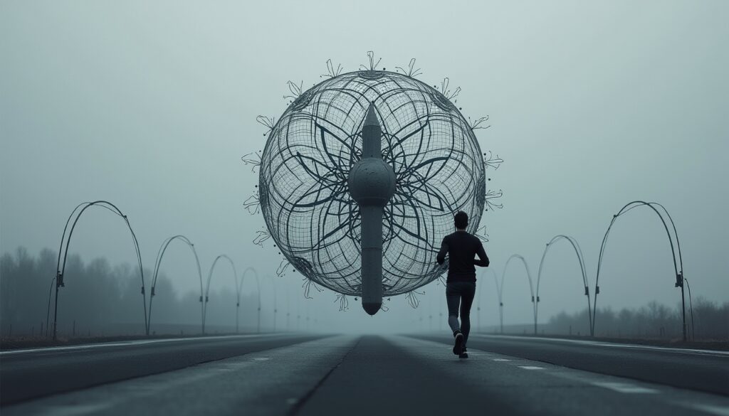 Man Running Towards Abstract Sculpture on Misty Road