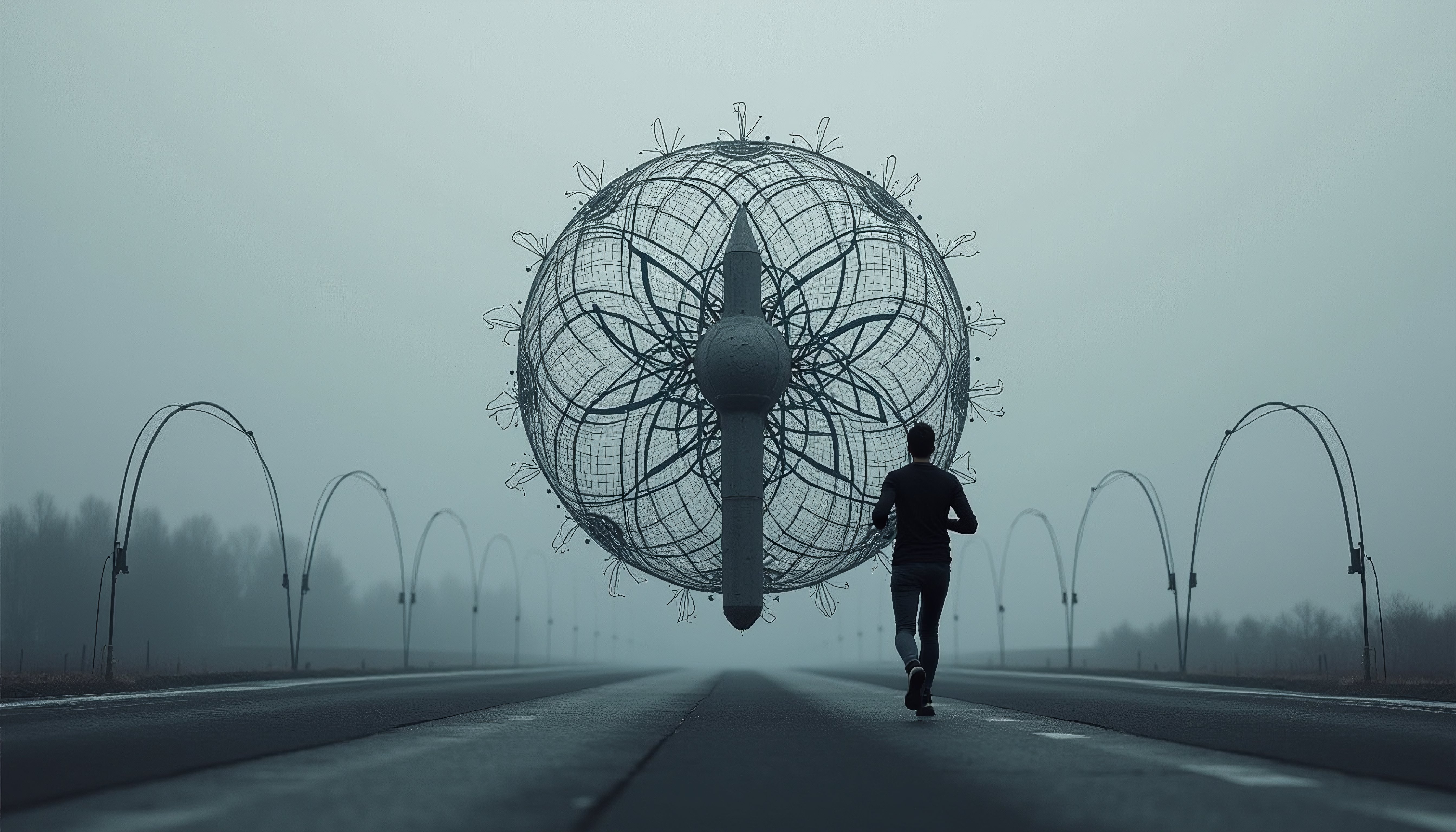 Man Running Towards Abstract Spherical Sculpture on Misty Road