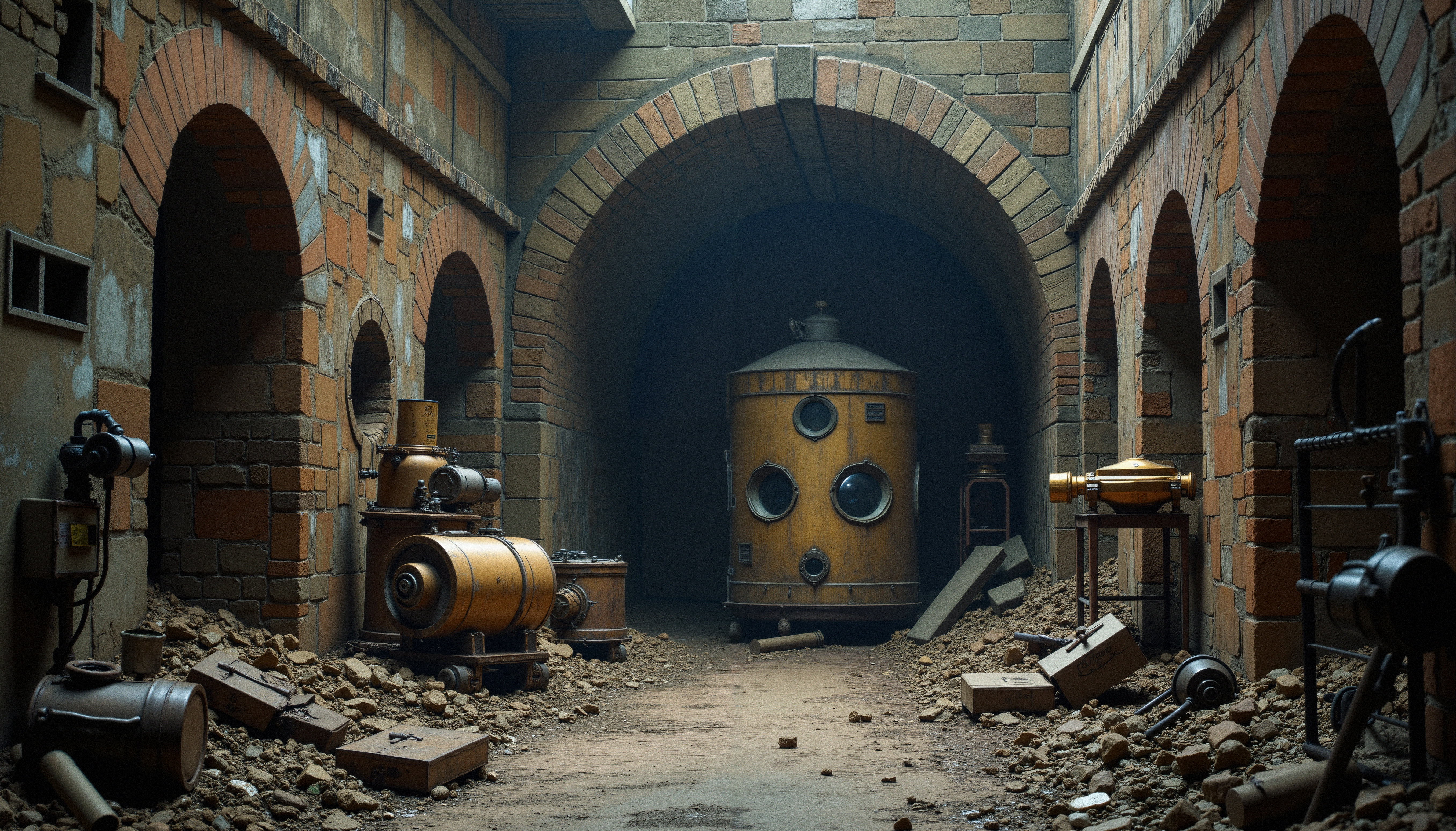 Eerie passage through abandoned industrial complex with antique machinery