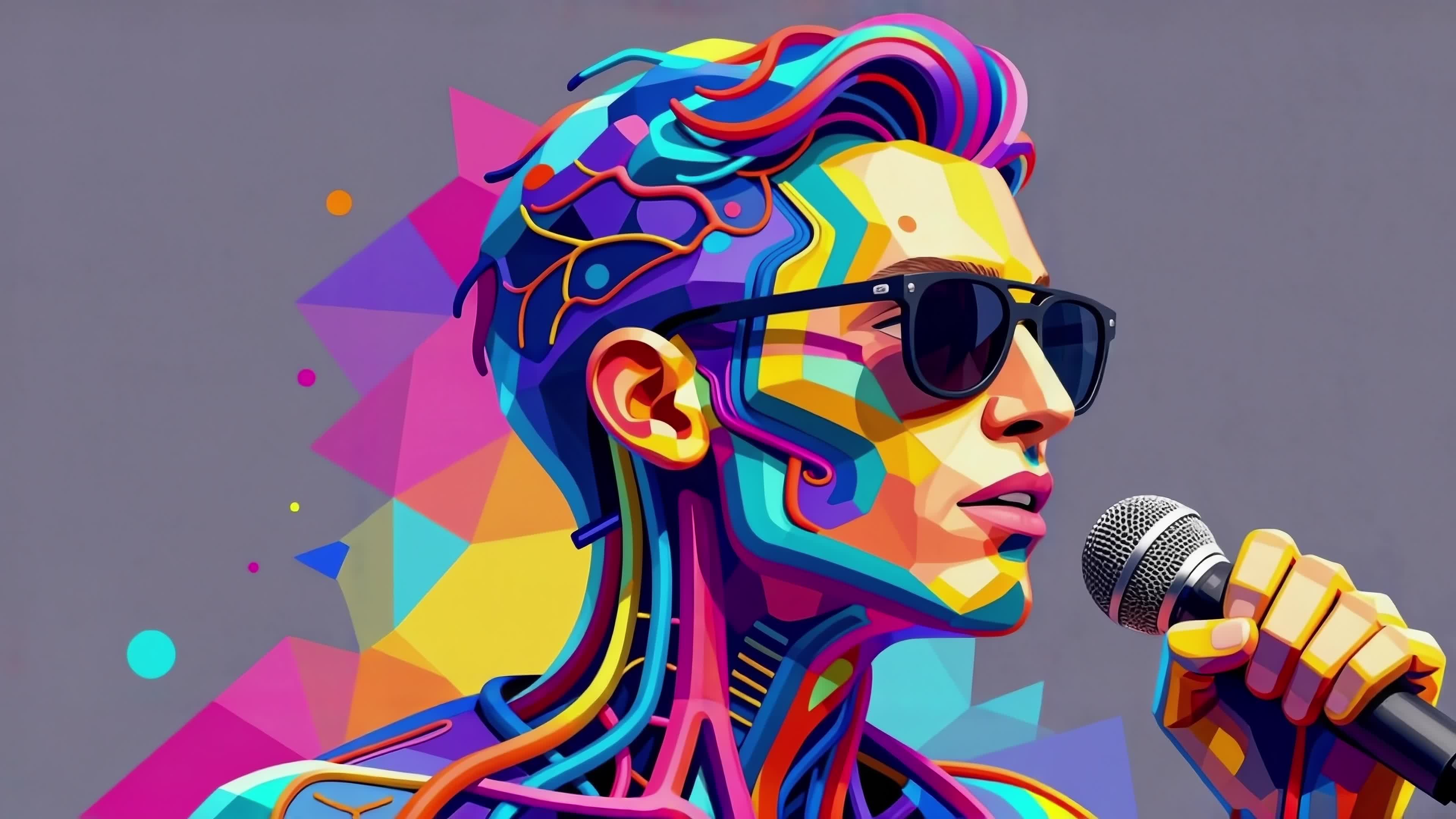Vibrant cyberpunk rapper holding mic under neon glow, futuristic 4K video.