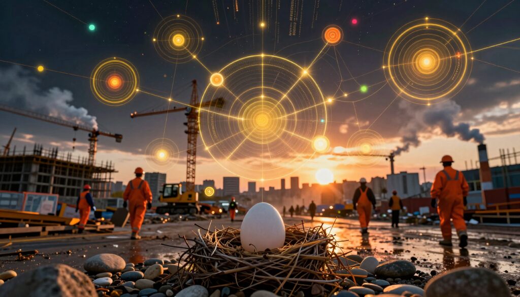 Construction Site Sunset with Digital Network Overlay and Nest