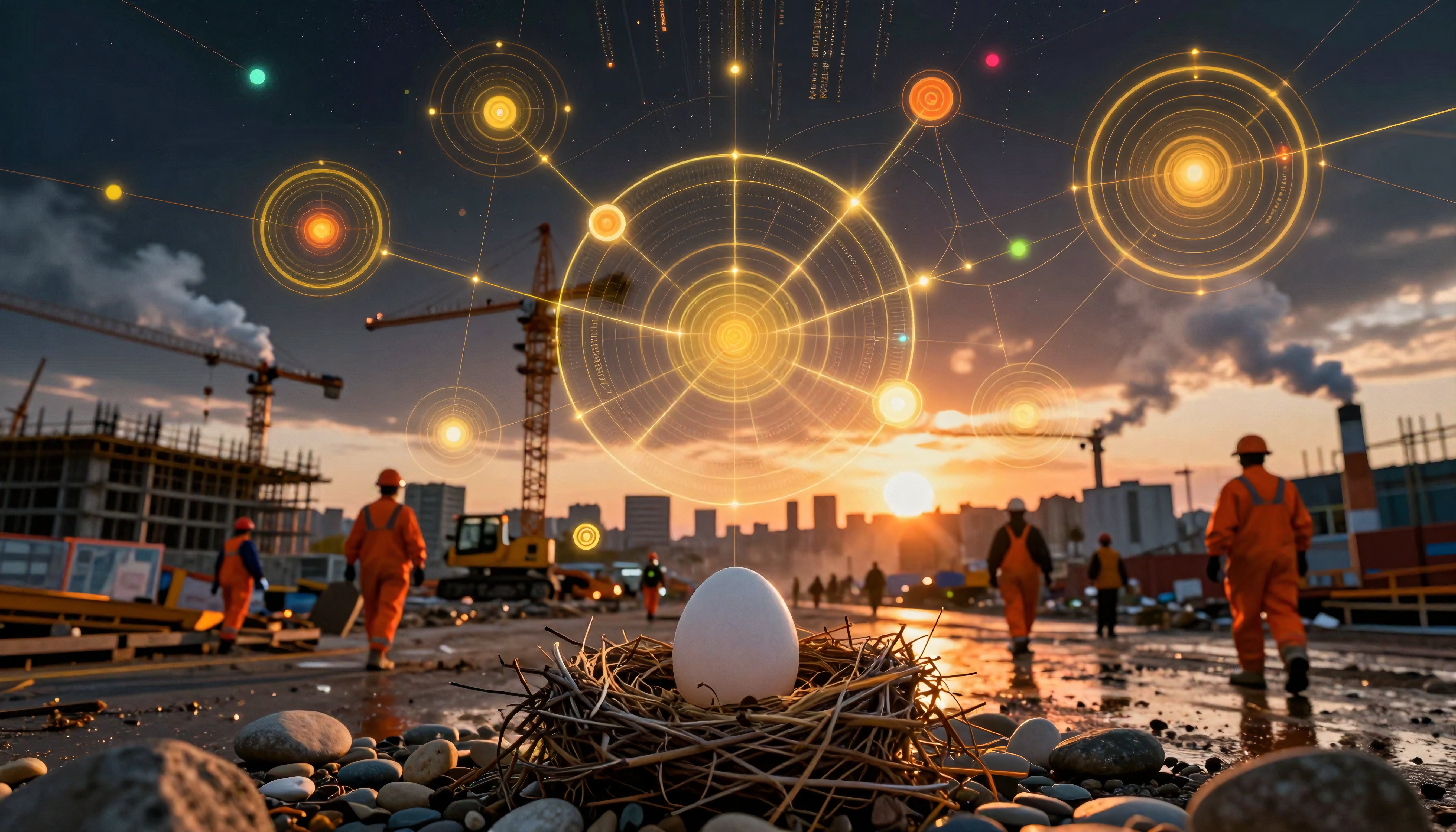 Construction Site Sunset with Digital Network Overlay and Nest