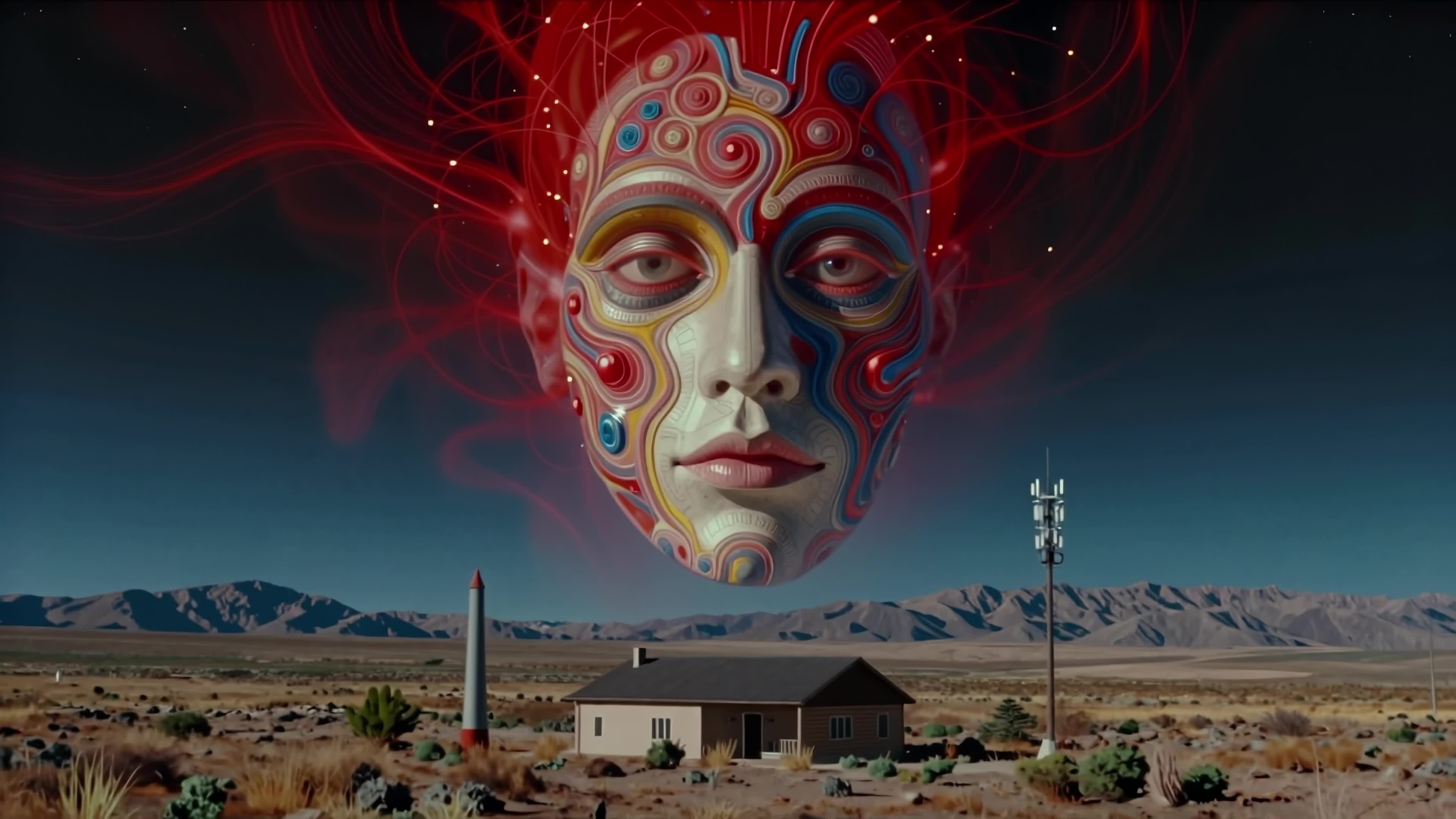 4K video of a surreal cosmic face hovering over desolate desert landscape, blending sci-fi and spiritual elements visually.