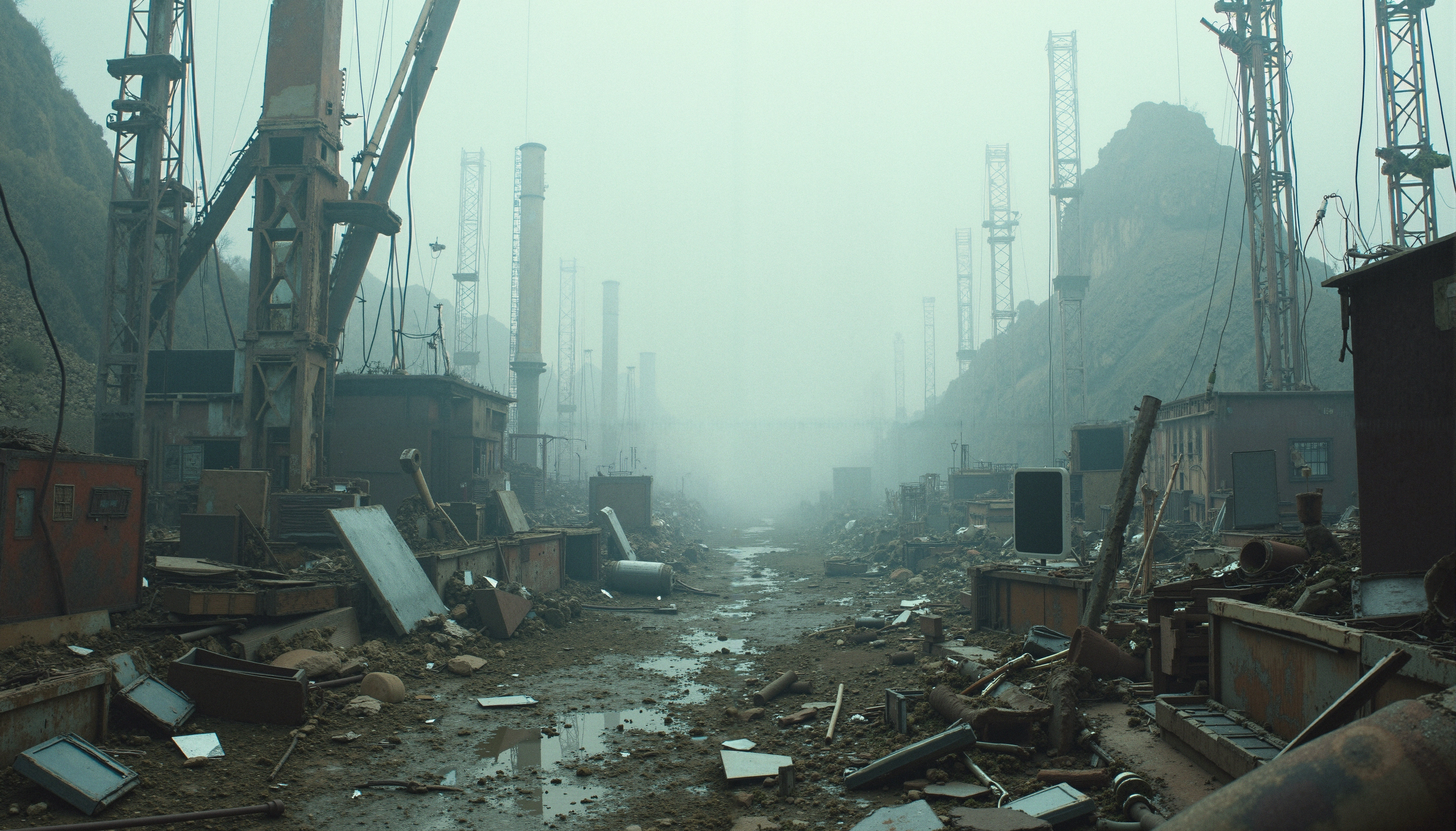 Abandoned Industrial Site with Rusty Machinery and Foggy Atmosphere