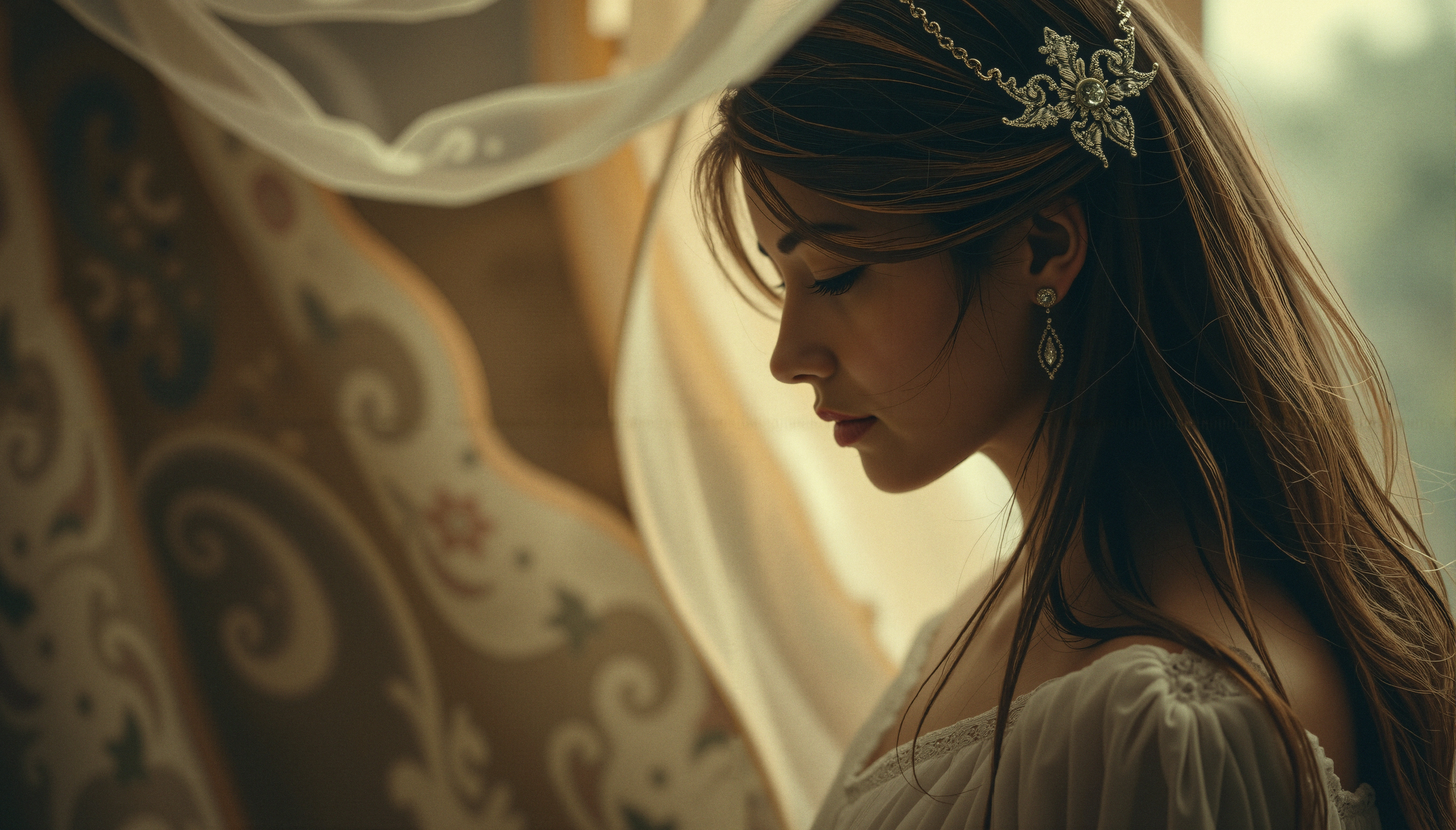 Elegant Woman in Vintage Setting with Delicate Headpiece