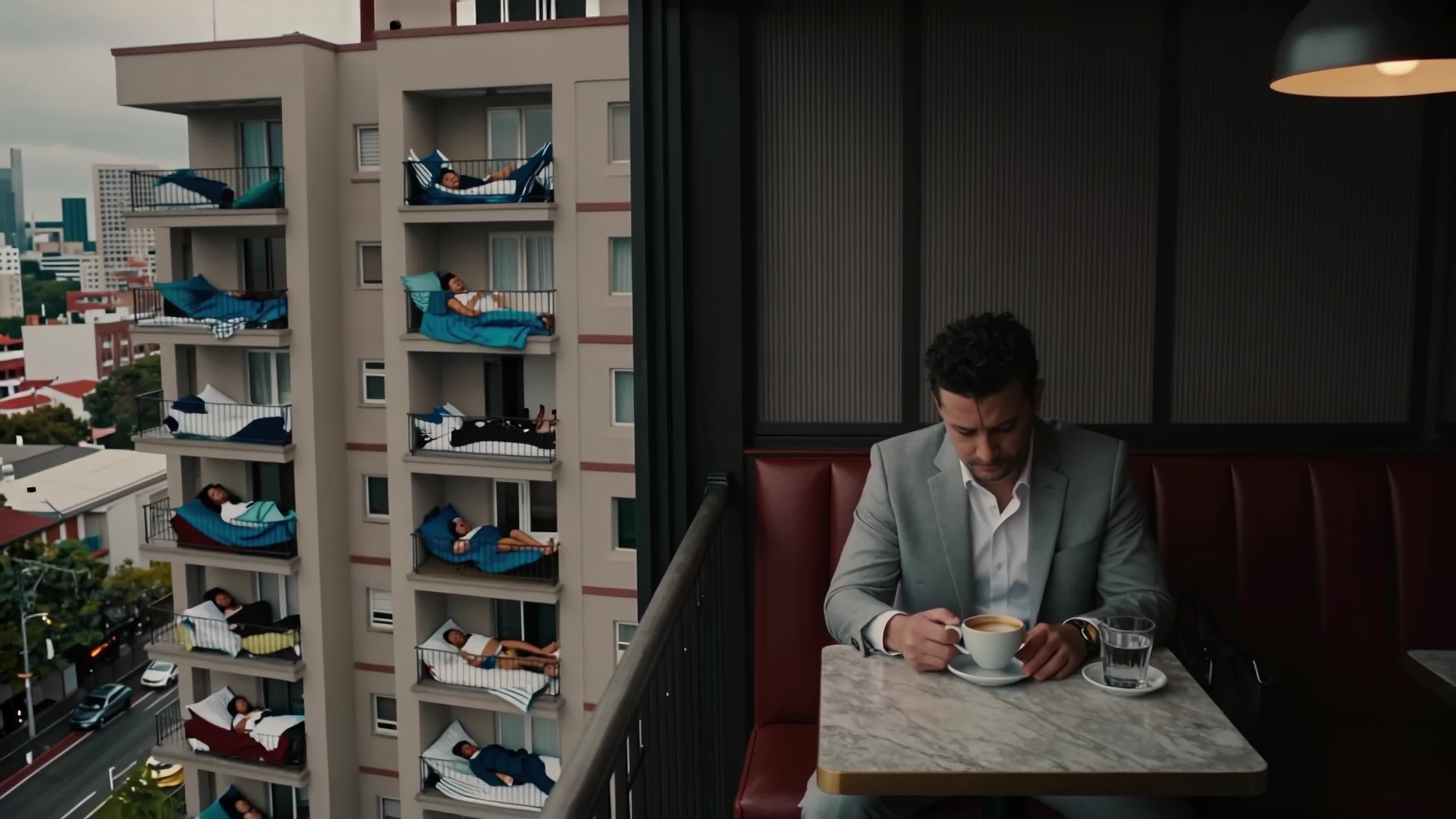 4K video of a man drinking coffee overlooking city harbor and people sleeping on balconies.