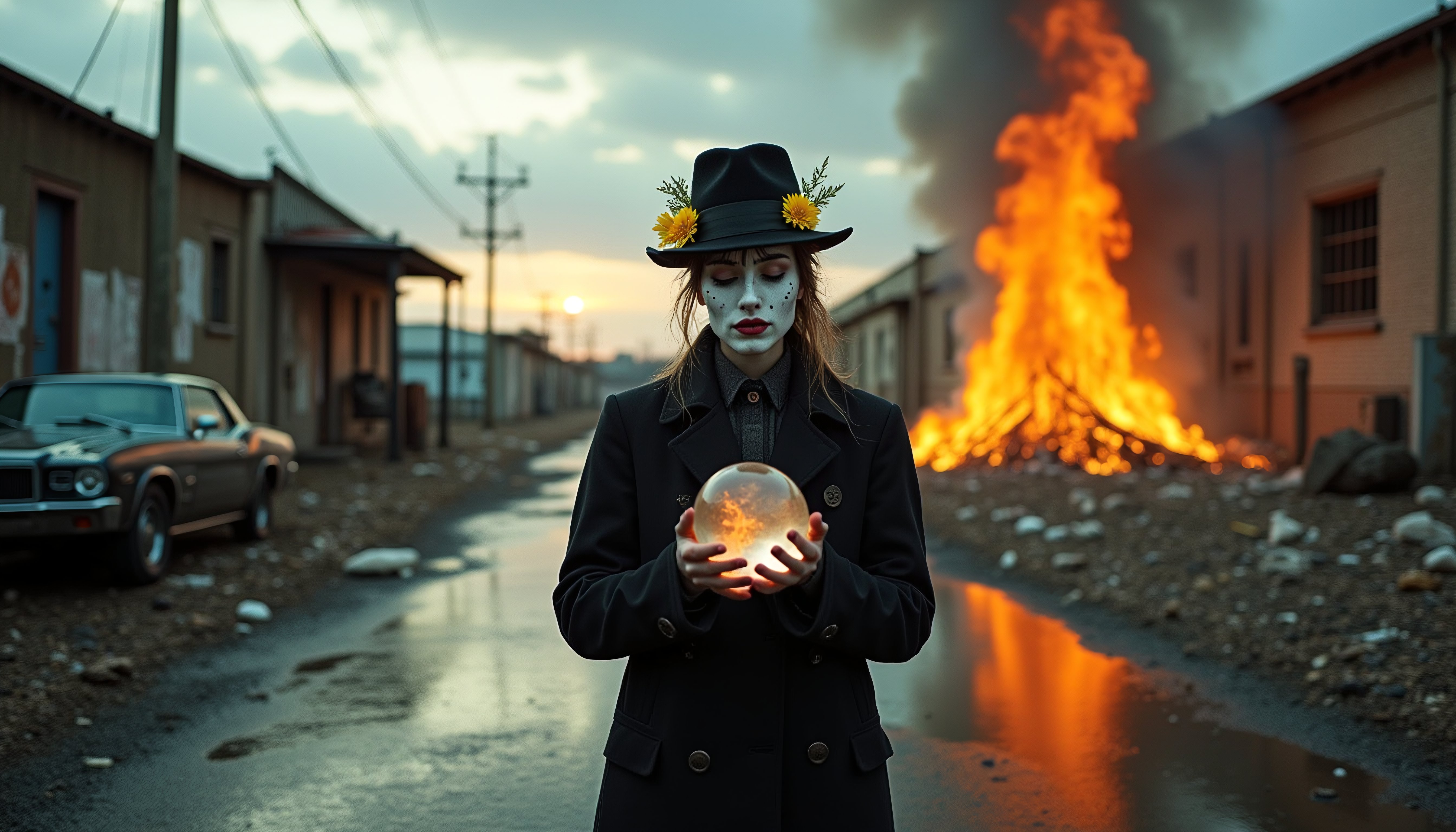 Eerie Figure Holding Crystal Ball in Apocalyptic Street Scene