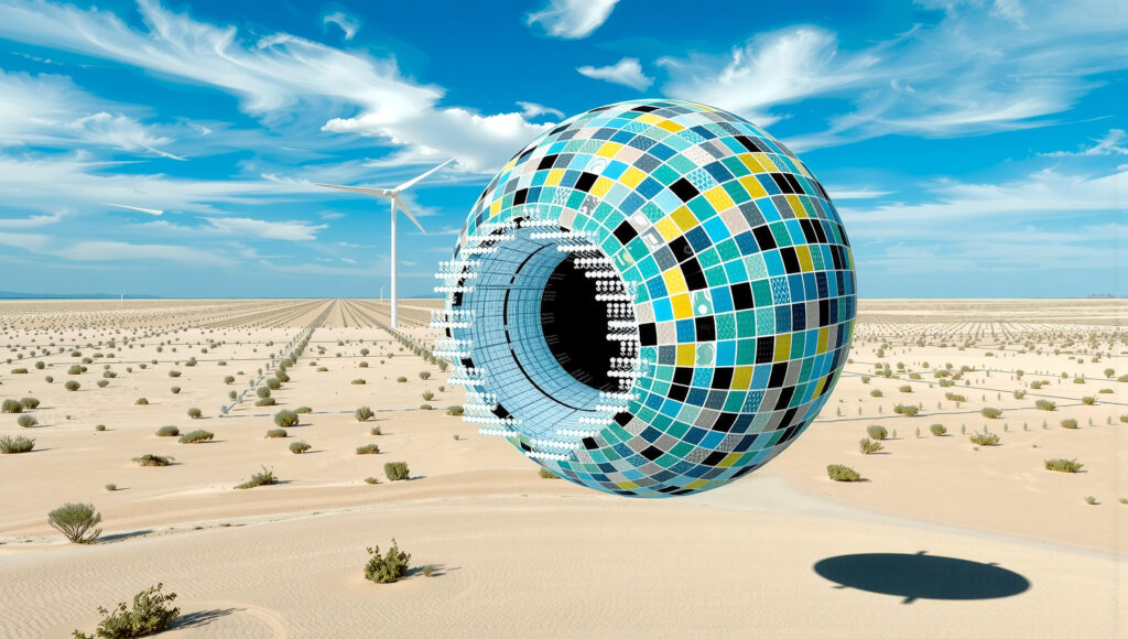 Mosaic Sphere Floating Above Desert Landscape