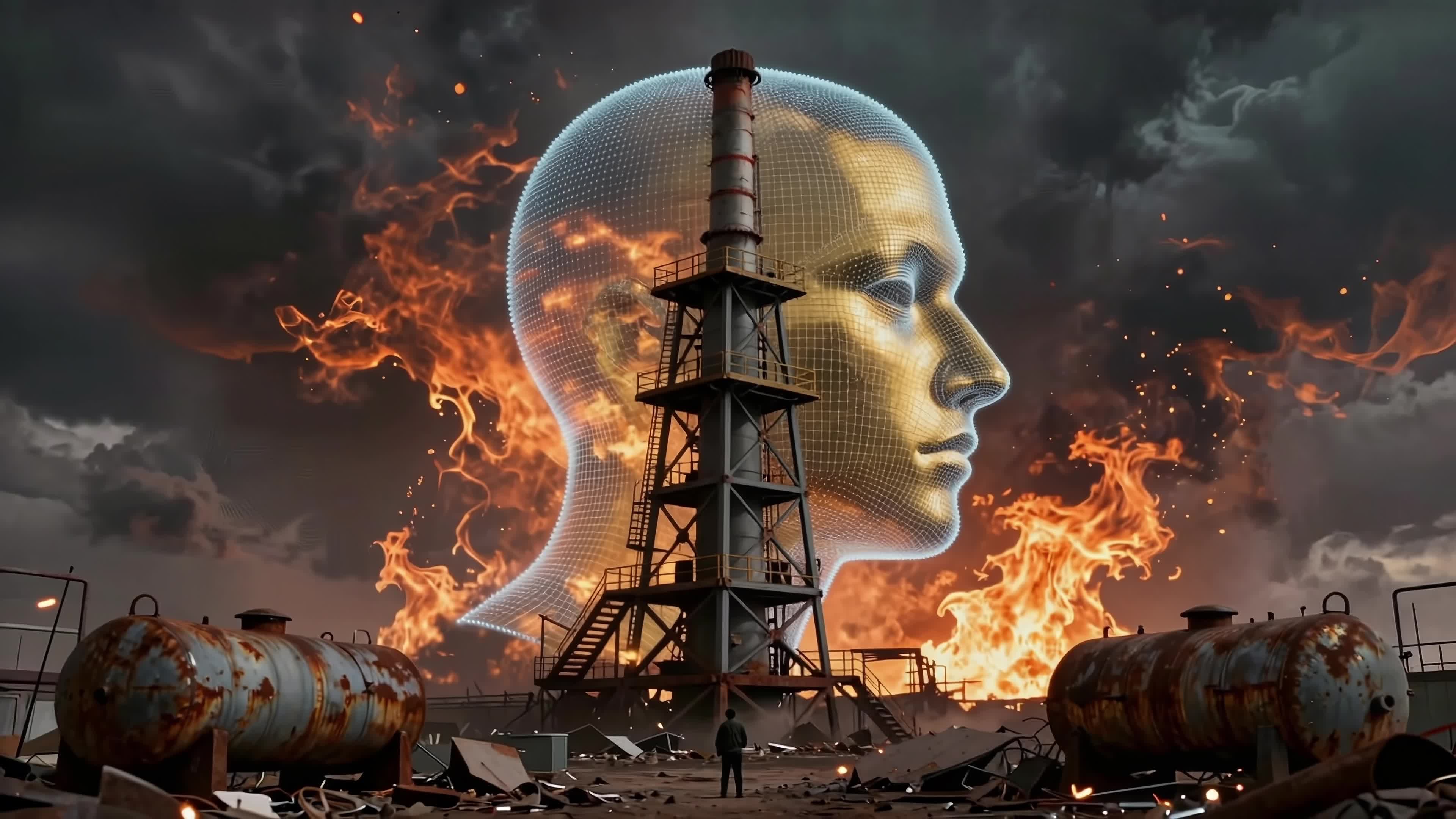 4K video of a giant fiery holographic humanoid face emerging over ruined industrial landscape symbolizing digital apocalypse and technological downfall.