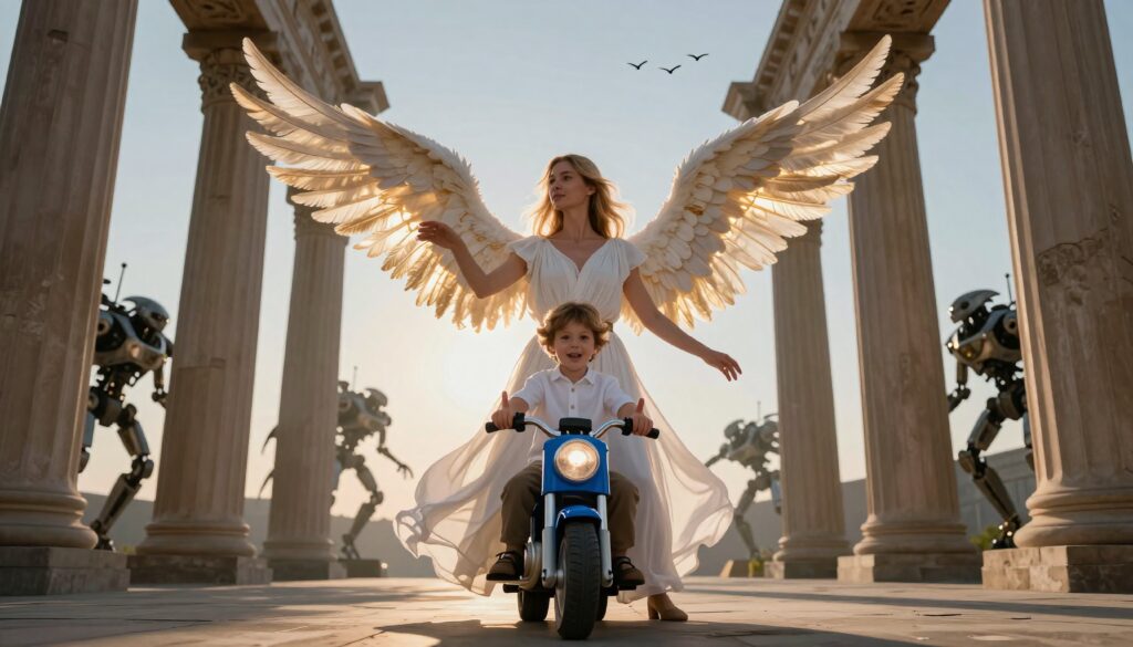 Angel with Wings Guiding Child on Scooter Amid Ancient Columns and Robots