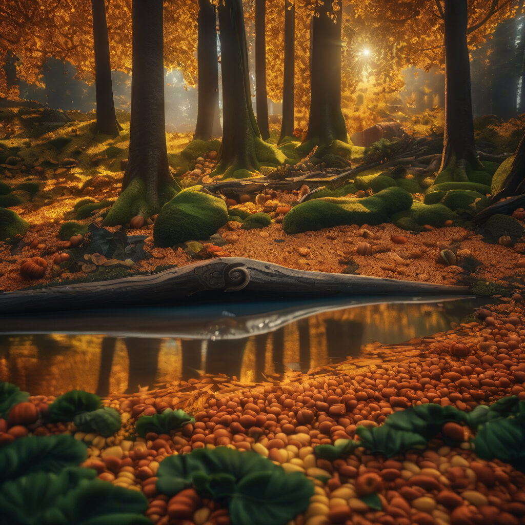 Autumn Forest with Golden Light and Reflective Stream