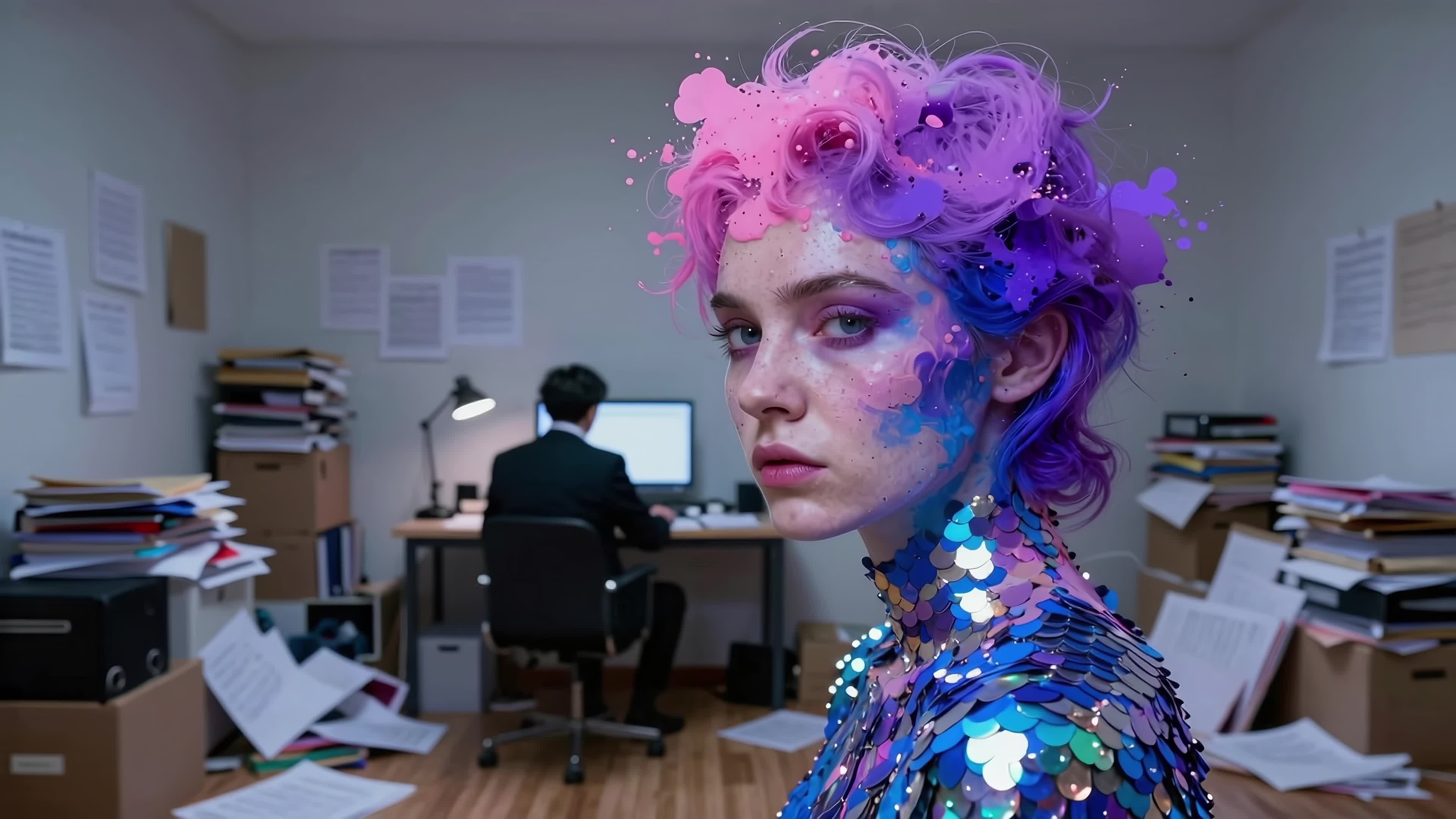 4K video of a vibrant sequined woman defying dull office environment with cosmic color burst effect
