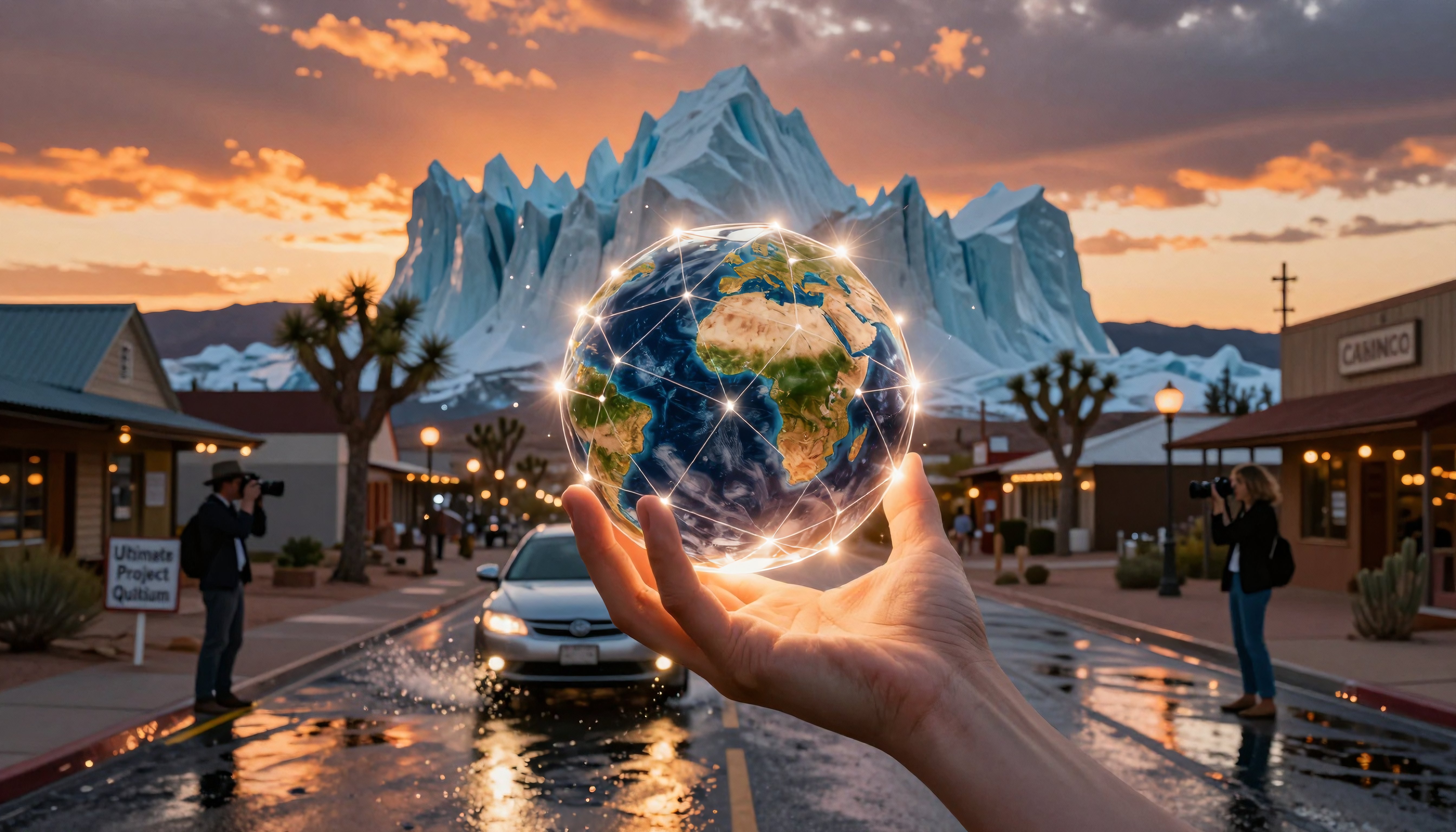 Hand Holding Illuminated Global Globe Over Town Street with Snow-Capped Mountains at Sunset