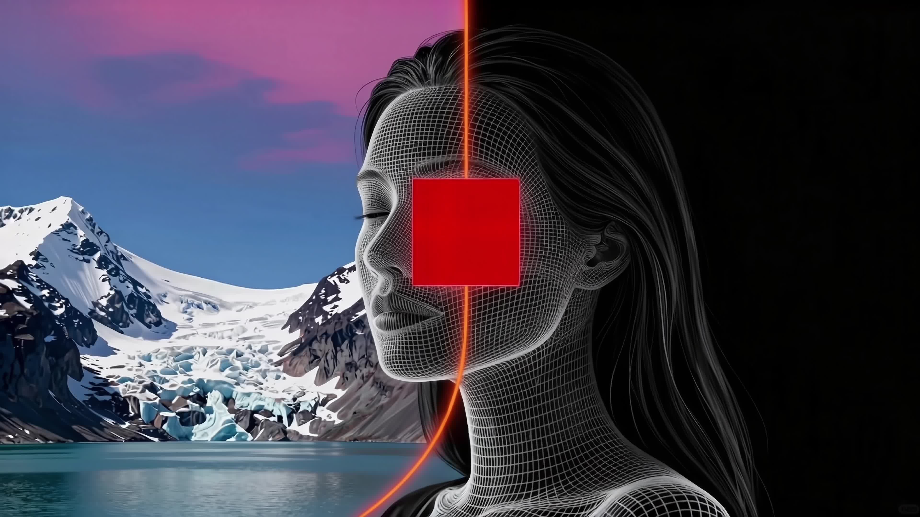 4K video of a futuristic digital woman gazing at snowy mountains under vibrant skies, blending technology with natural serenity.