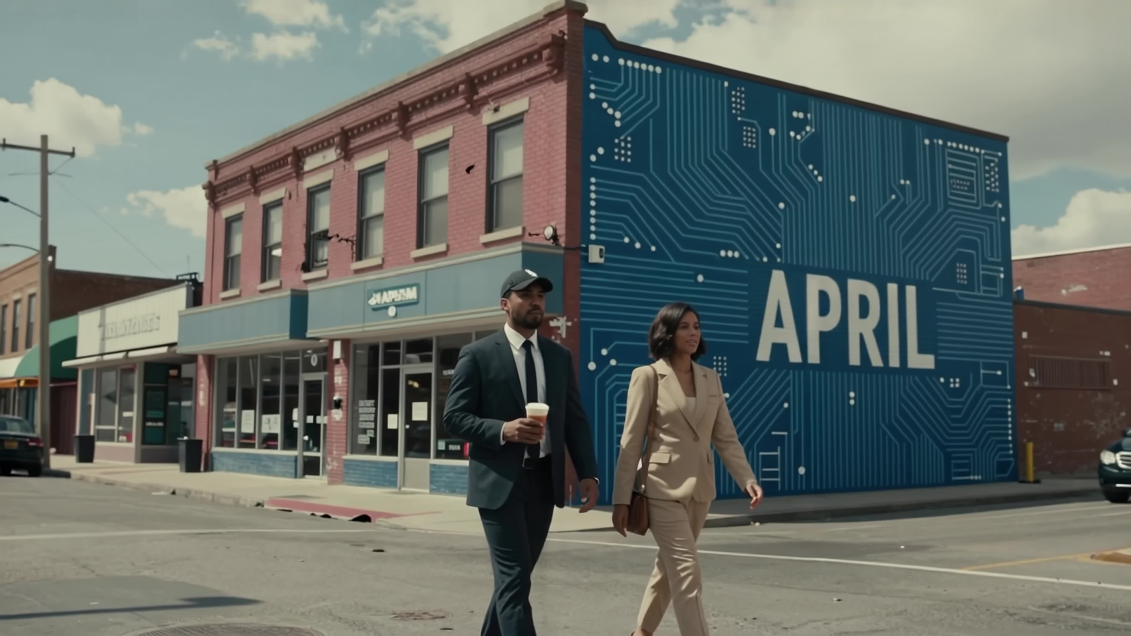 4K video of two suited professionals strolling past futuristic APRIL tech mural on sunlit downtown street