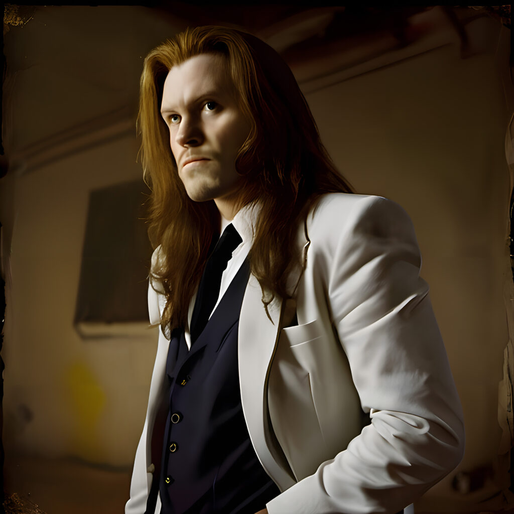 Man with Long Red Hair in White Suit