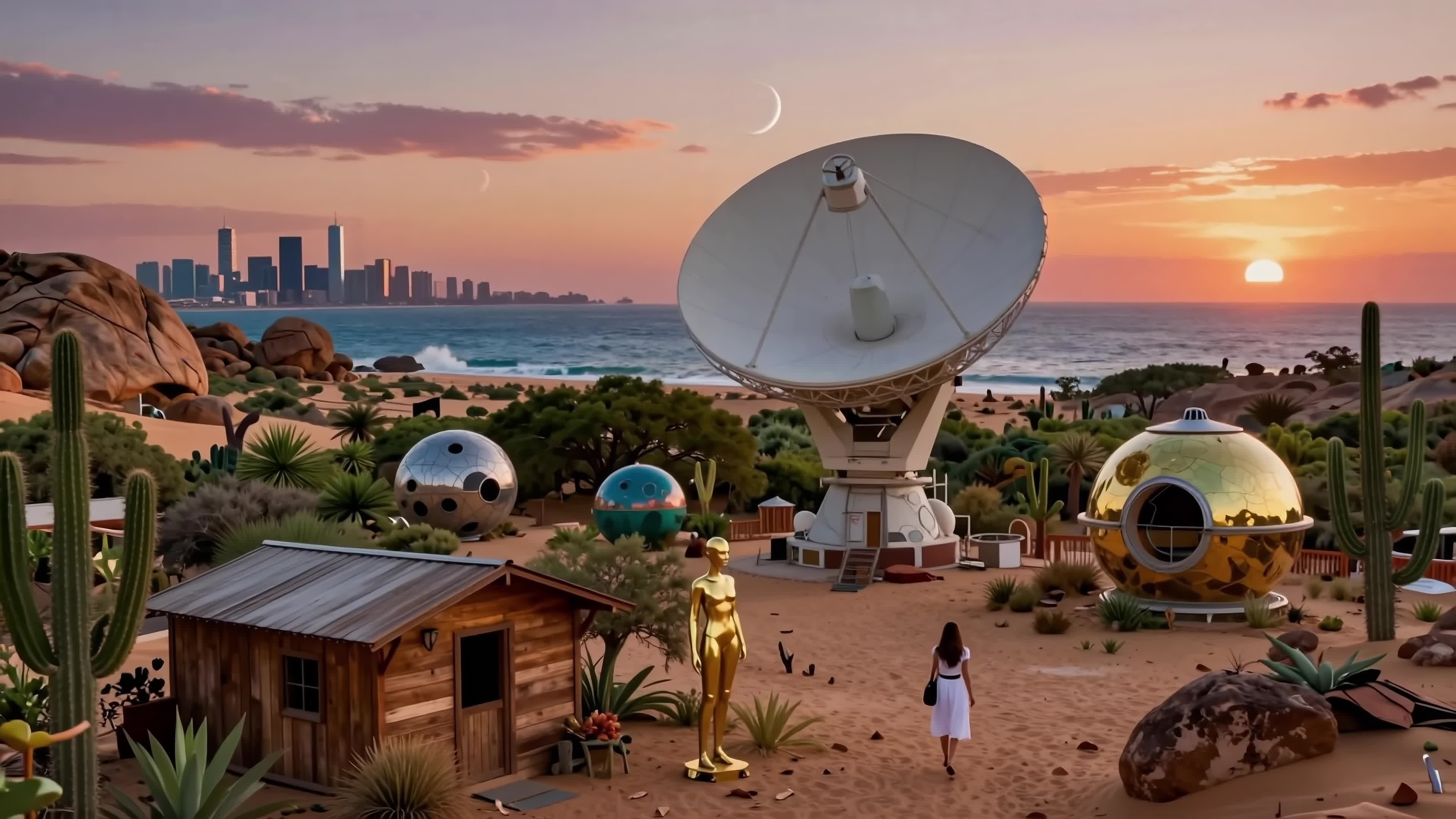 4K video of a solitary explorer wandering beneath towering gold sculptures amid alien satellites and desert flora against a vibrant sunset sky near urban skyline.