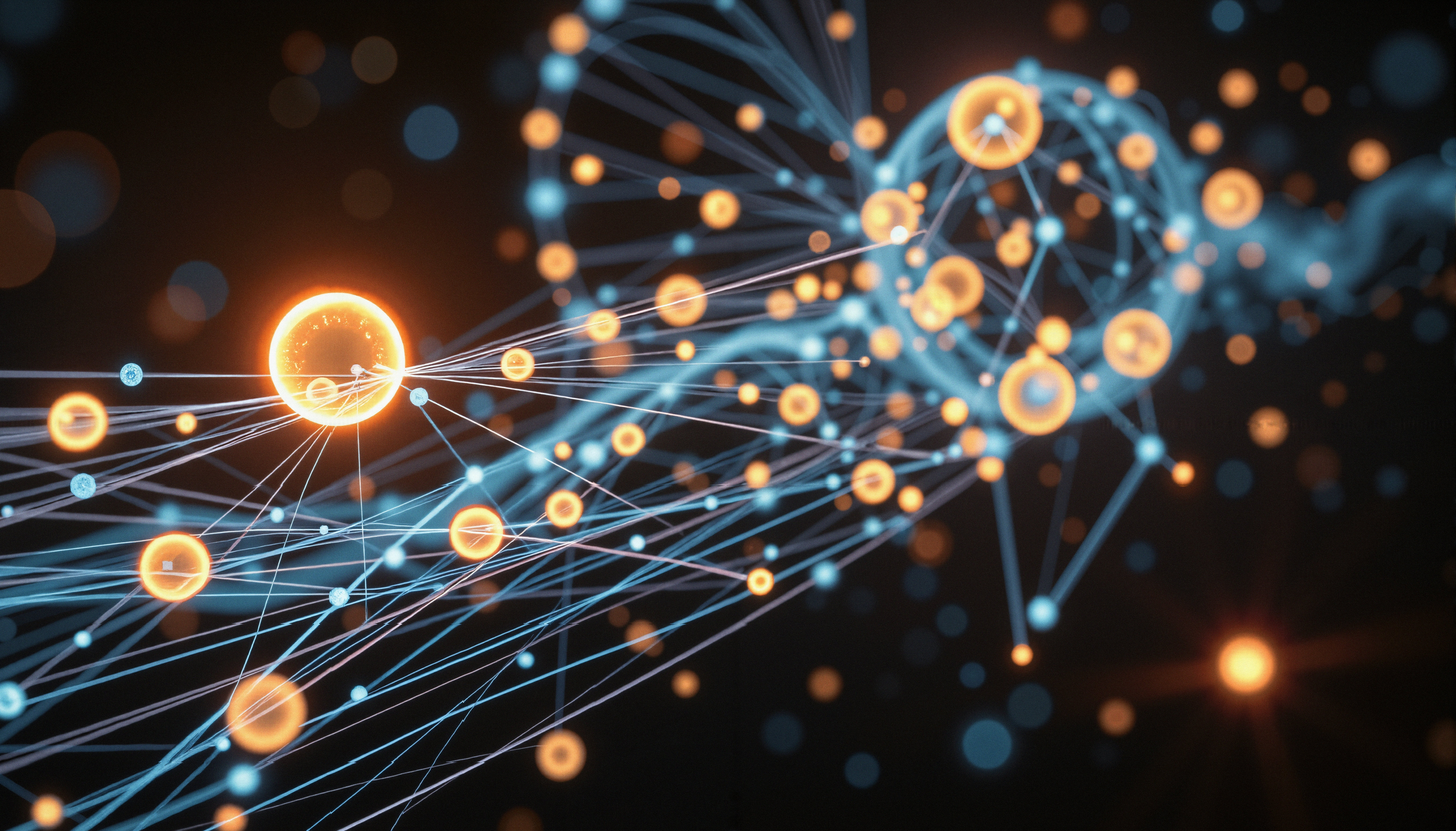 Glowing Network Visualization with Interconnected Nodes and Data Flow