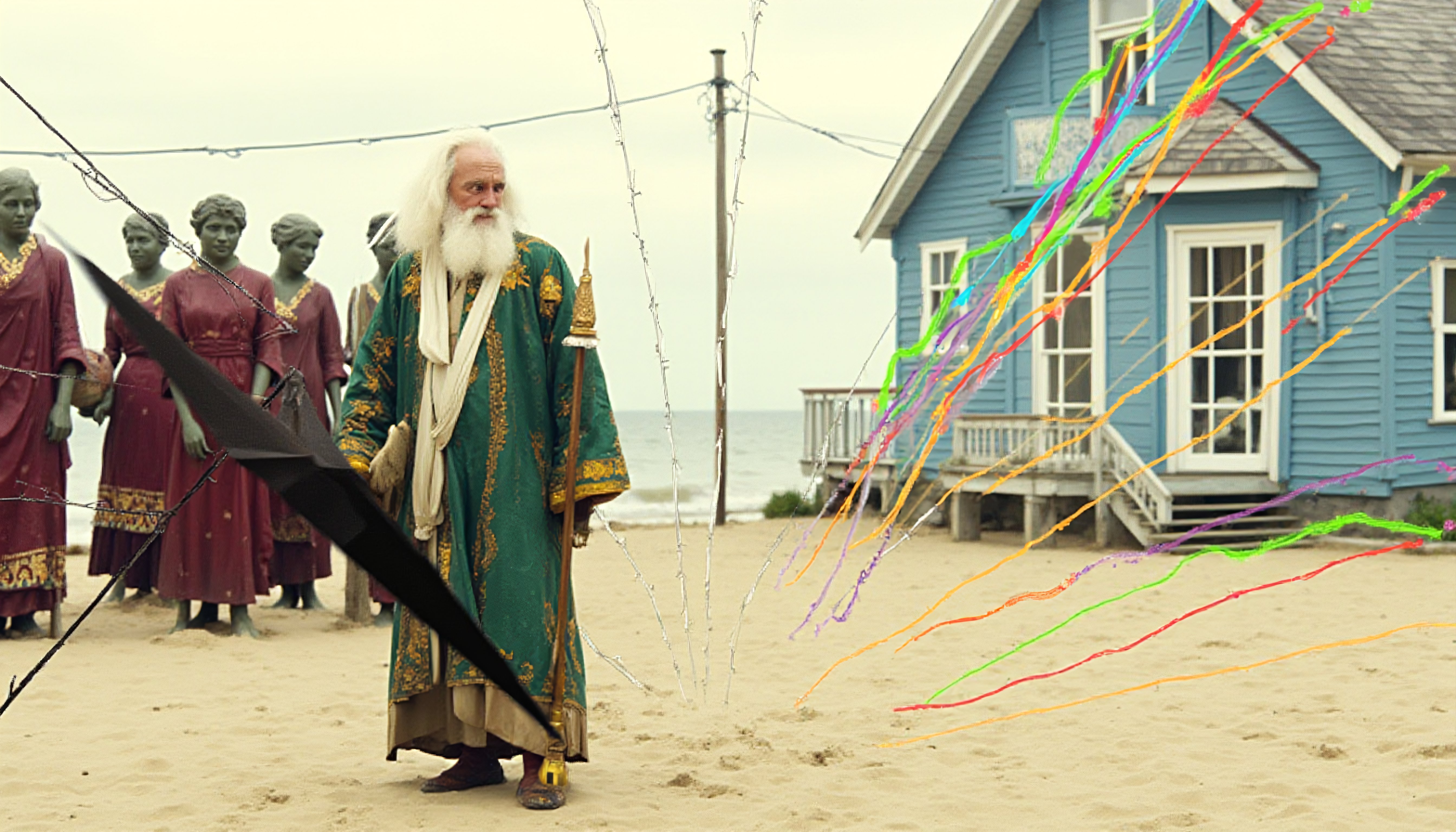 Elderly man in green robe stands on beach with blue house and colorful streamers
