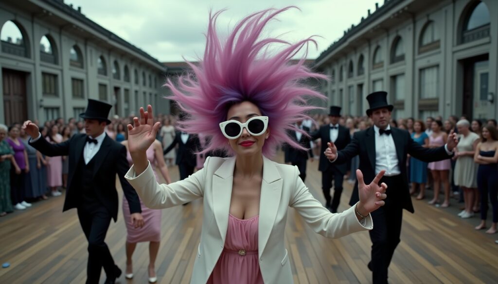 Pink-Haired Woman Dances at Outdoor Formal Gala