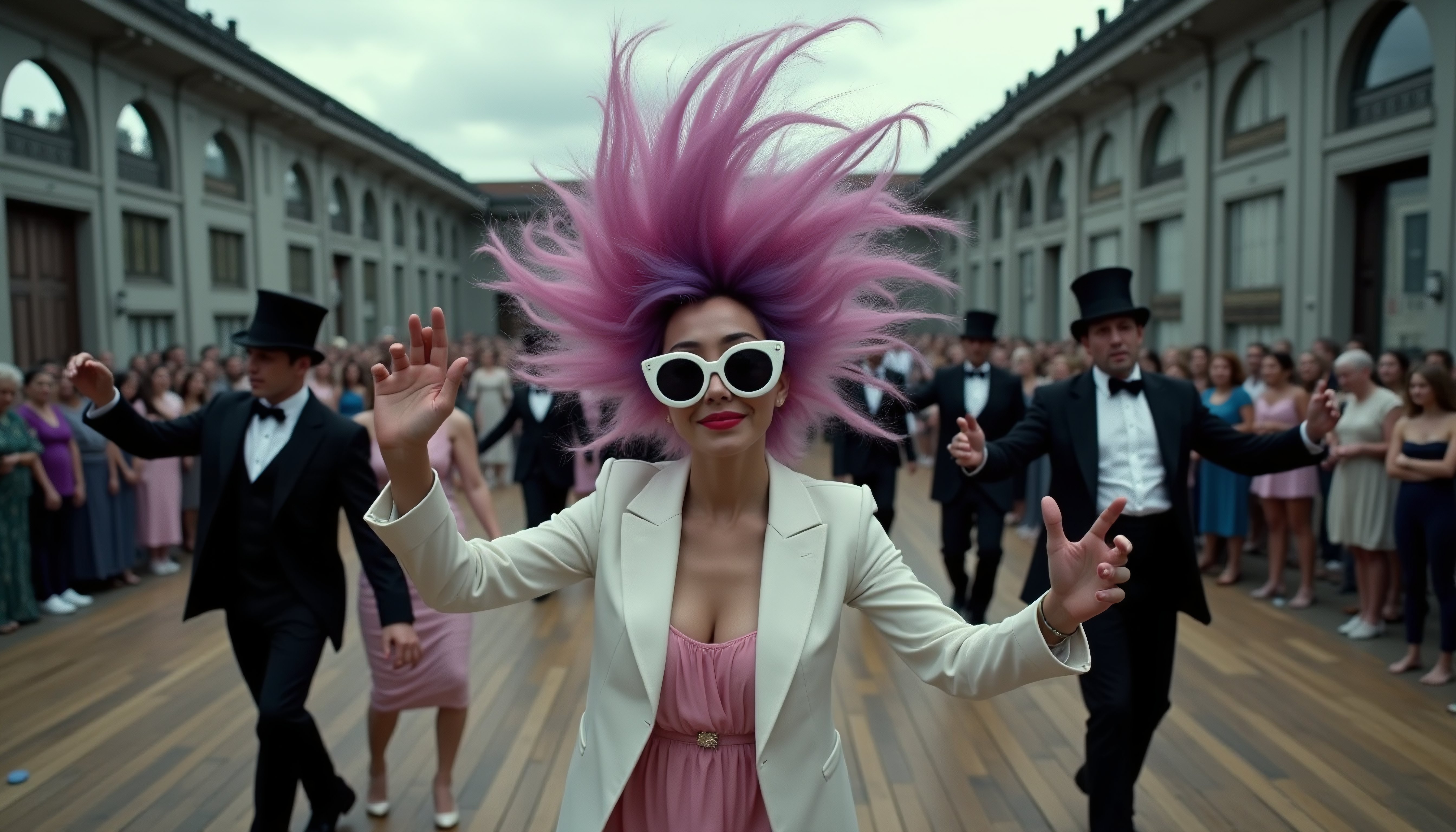 Pink-Haired Woman Dances at Outdoor Formal Gala