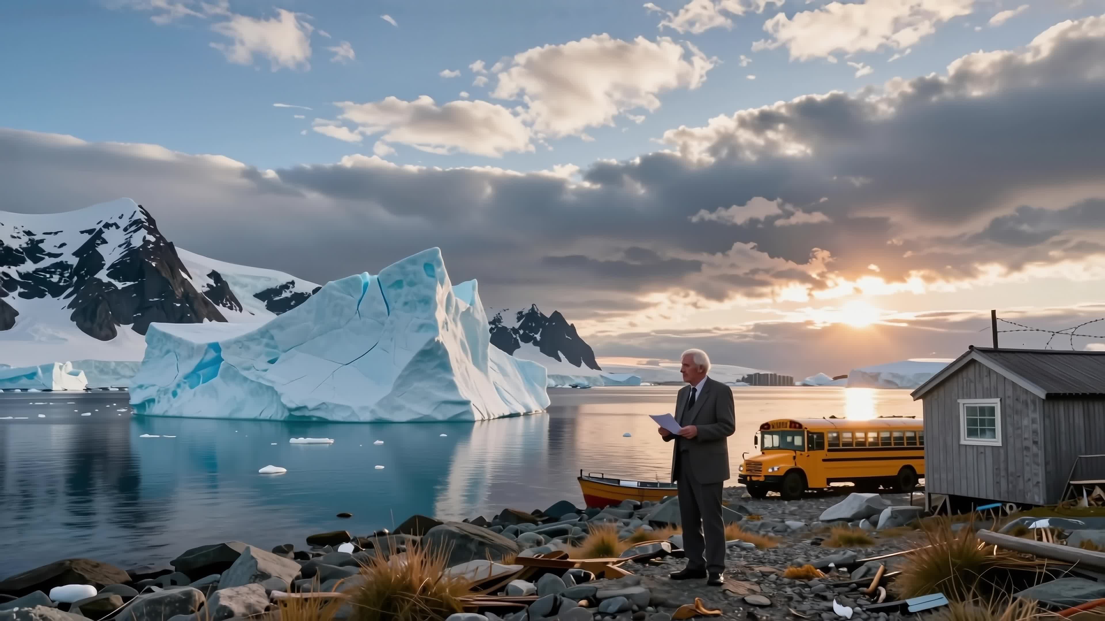 4K video of an elderly scholar observing glacial melt near Antarctic coastline with vintage school bus nearby.