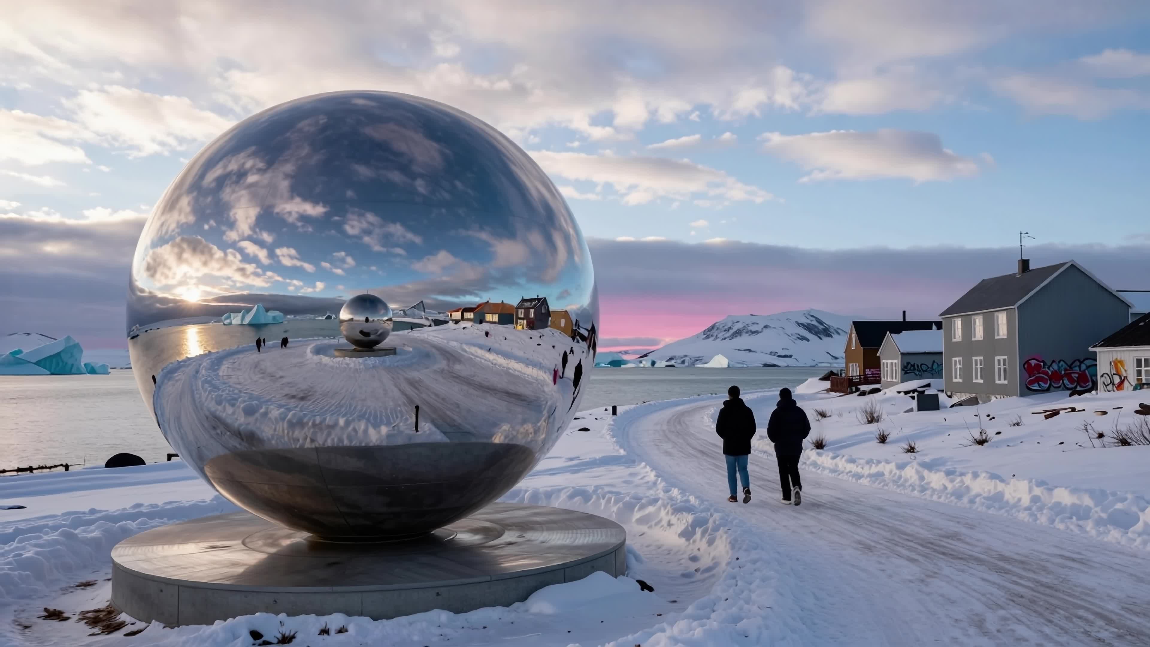 4K video of a snow-covered path leading past large reflective globe towards colorful houses beside icy fjord under dramatic skies.