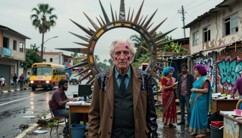 Elderly Man with Purple Face Paint in Urban Street