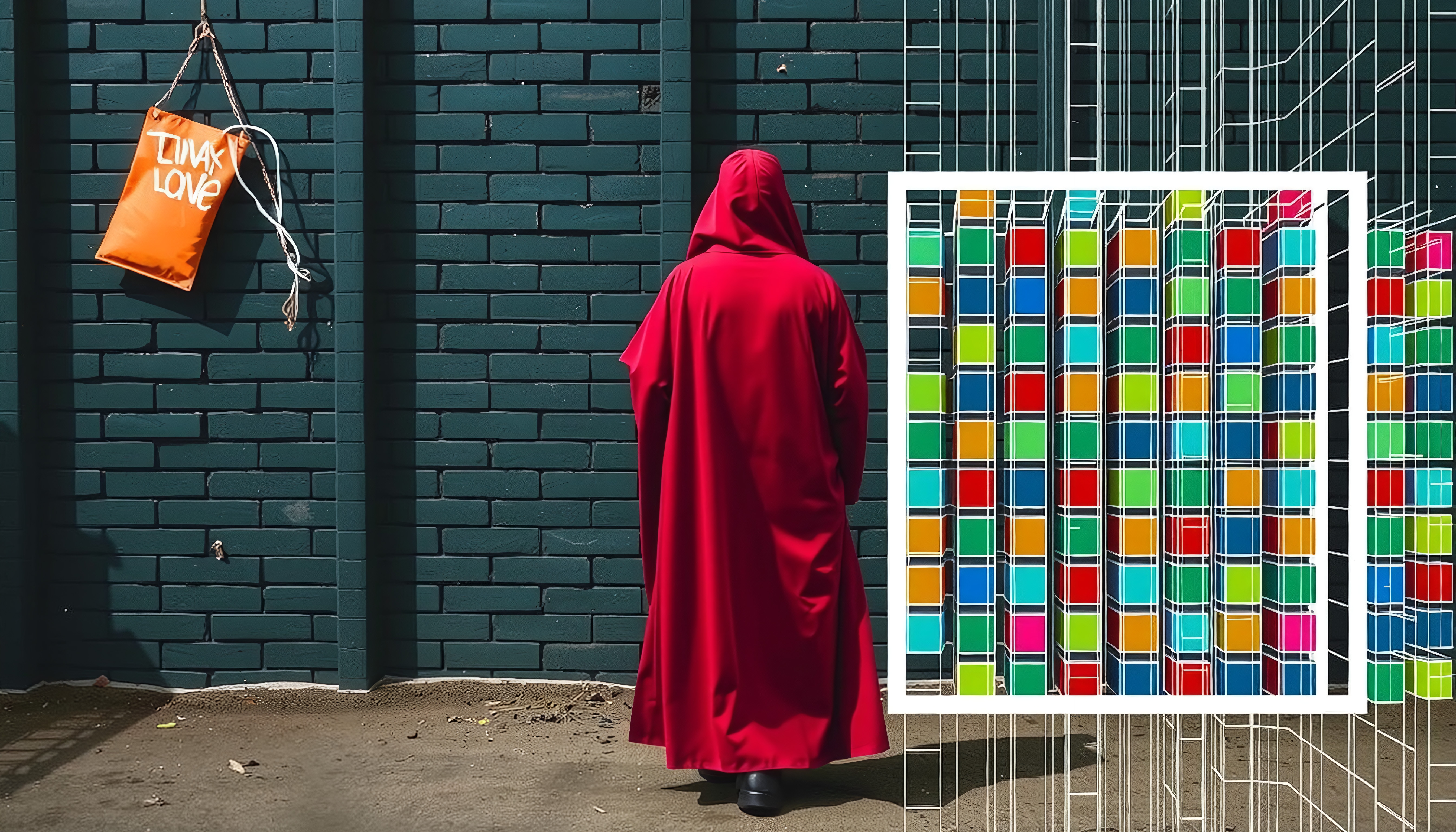 Red Hooded Figure Before Brick Wall with Color Grid and Timex Love Bag
