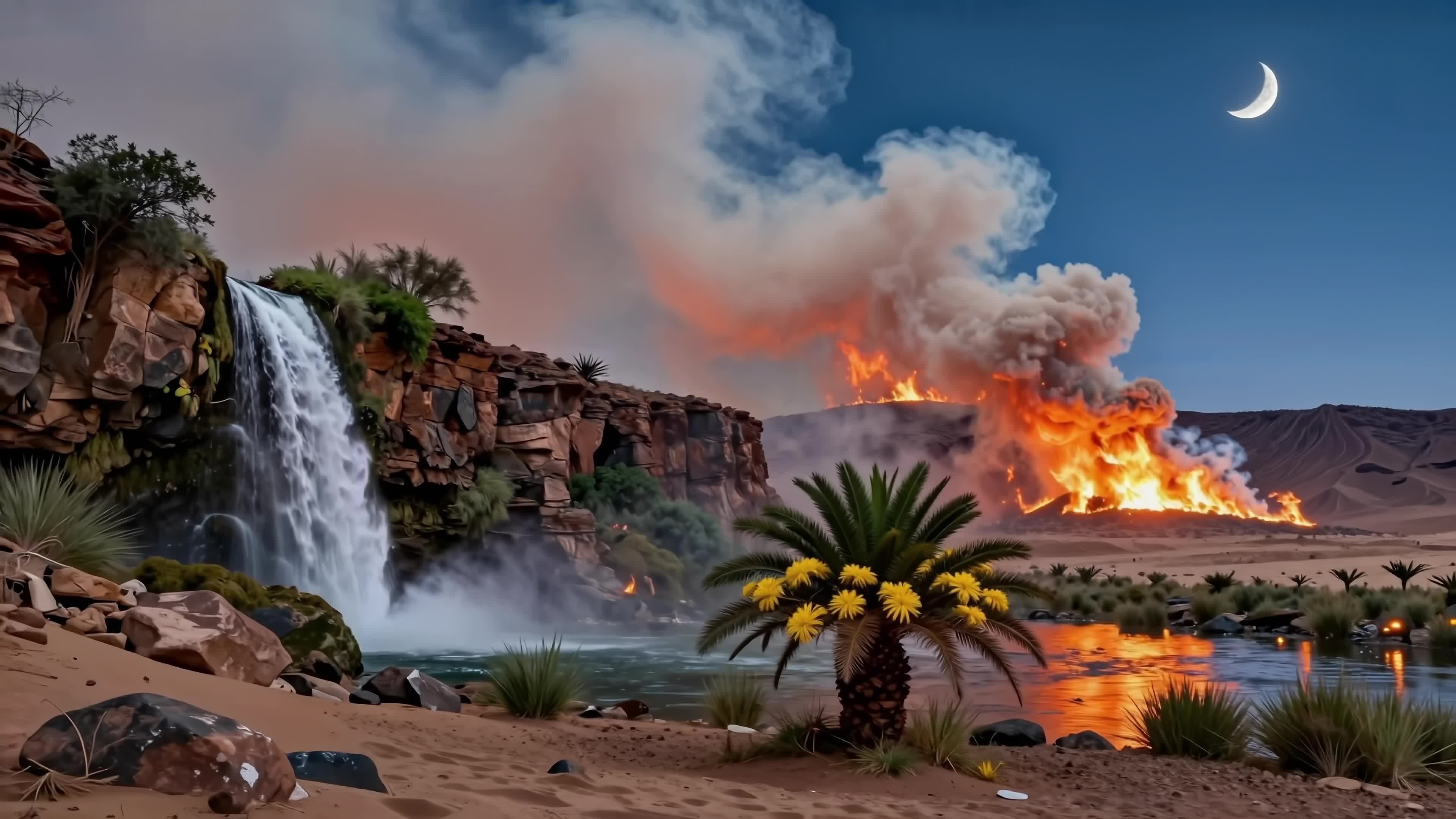 4K video of a surreal desert vista featuring moonlight, roaring wildfires, cascading waterfalls, palm trees, smoke plumes, and reflective rivers beneath a crescent moon.
