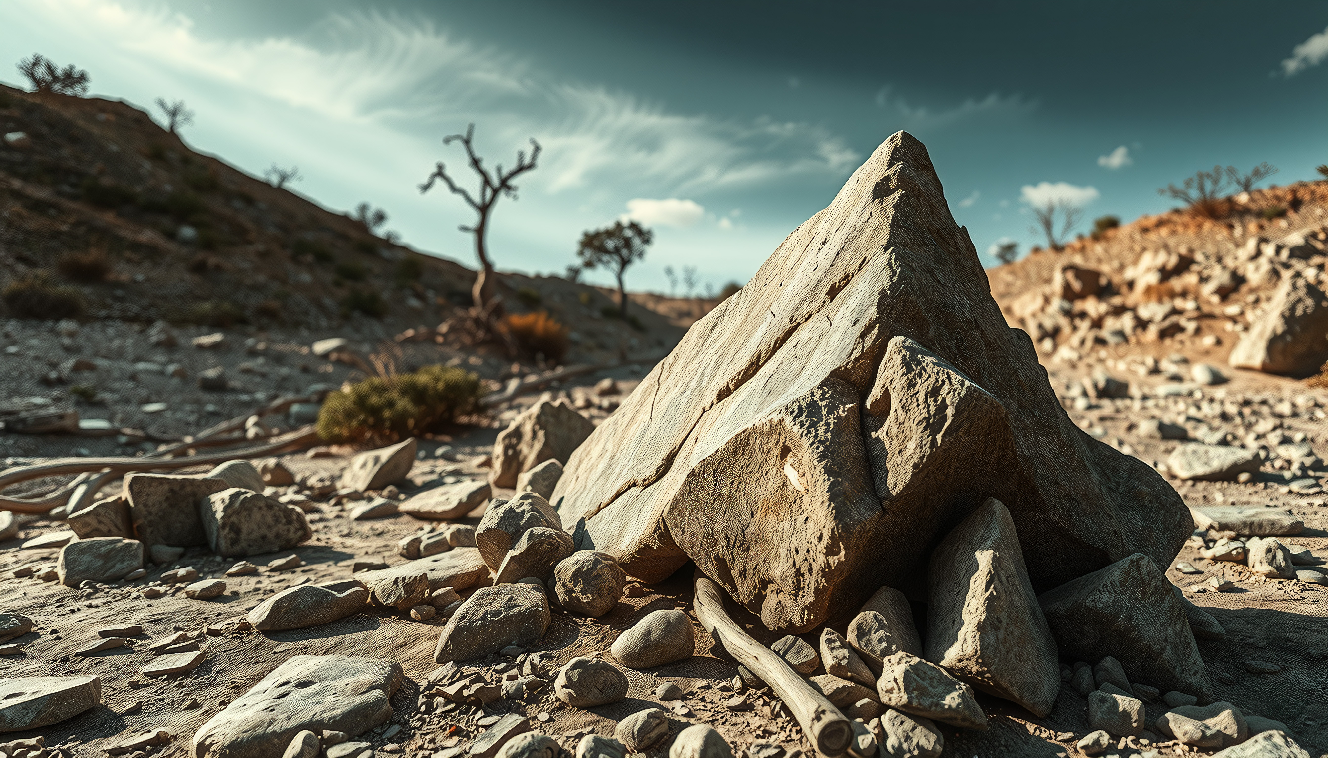 Desert Rock Formation with Boulders and Sparse Vegetation