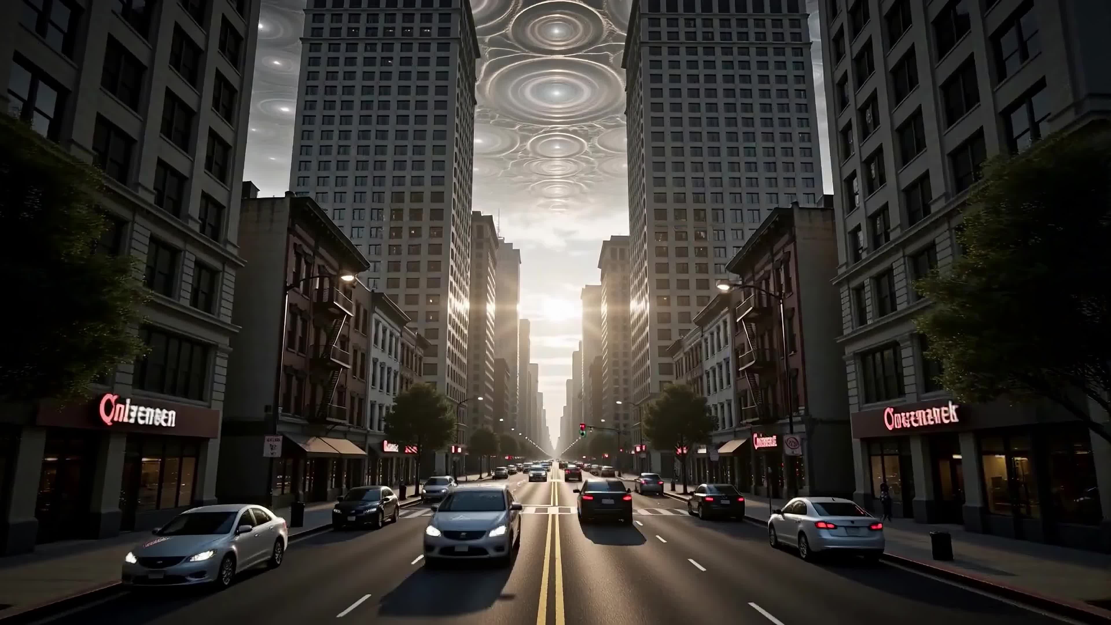 4K video futuristic alien city skyline with galactic spirals and reflective wet streets under cosmic glow.